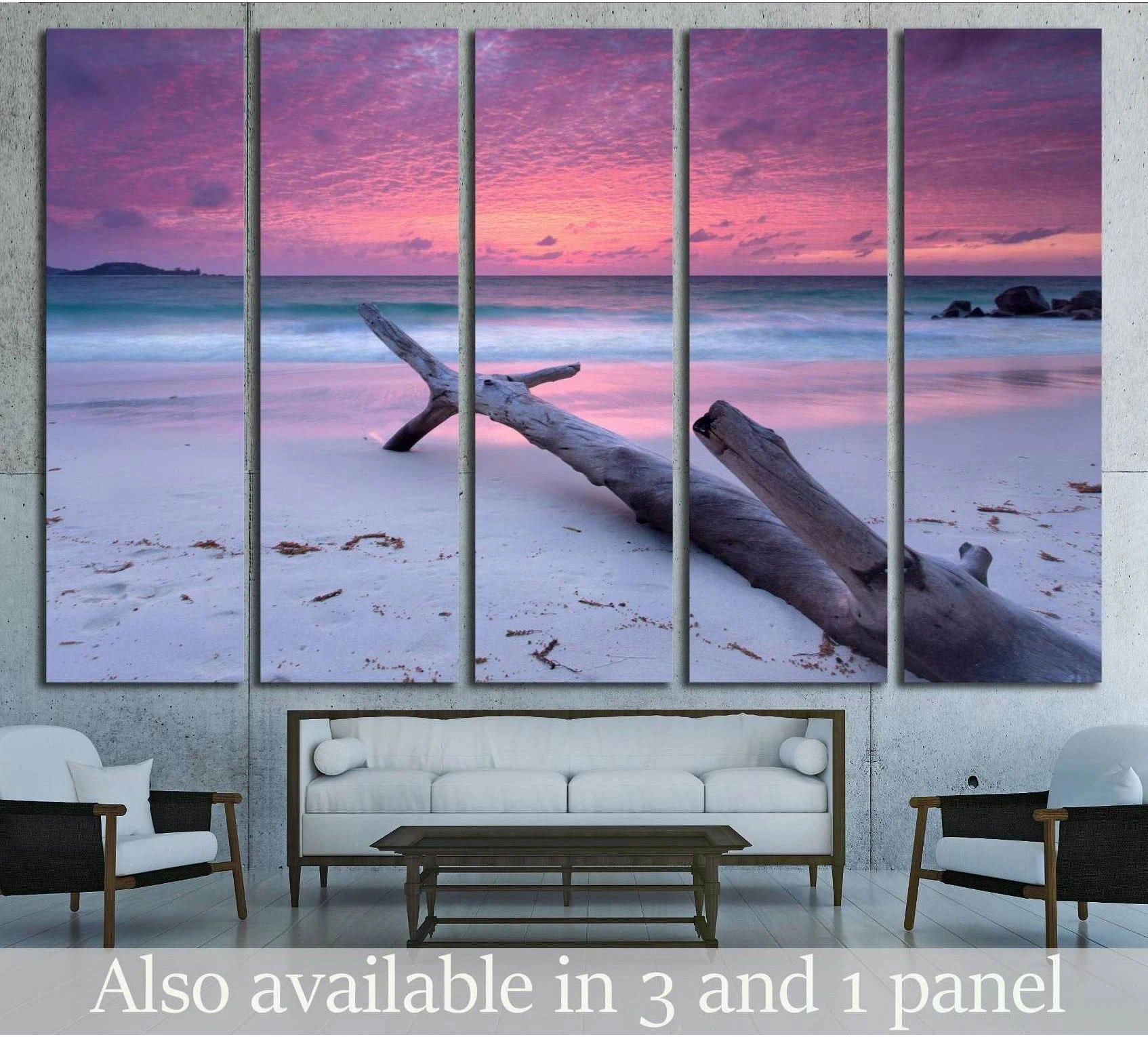 Seychelles beach sunset canvas print with pink purple sky, driftwood on white sand, above sofa in coastal living room