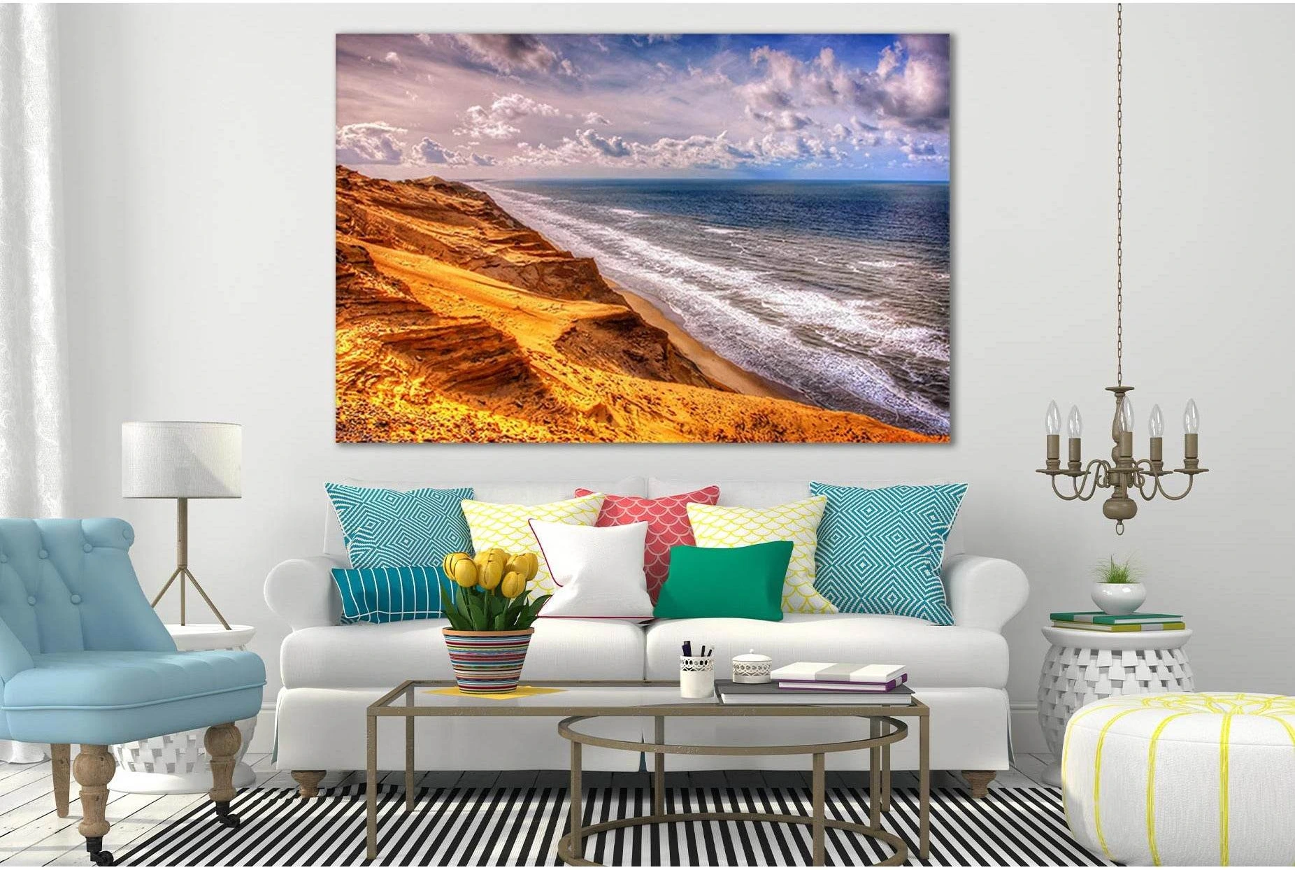 Orange Cliff Seashore Canvas Print with Ocean Waves and Sky showing ocean water, wave movement and surf.