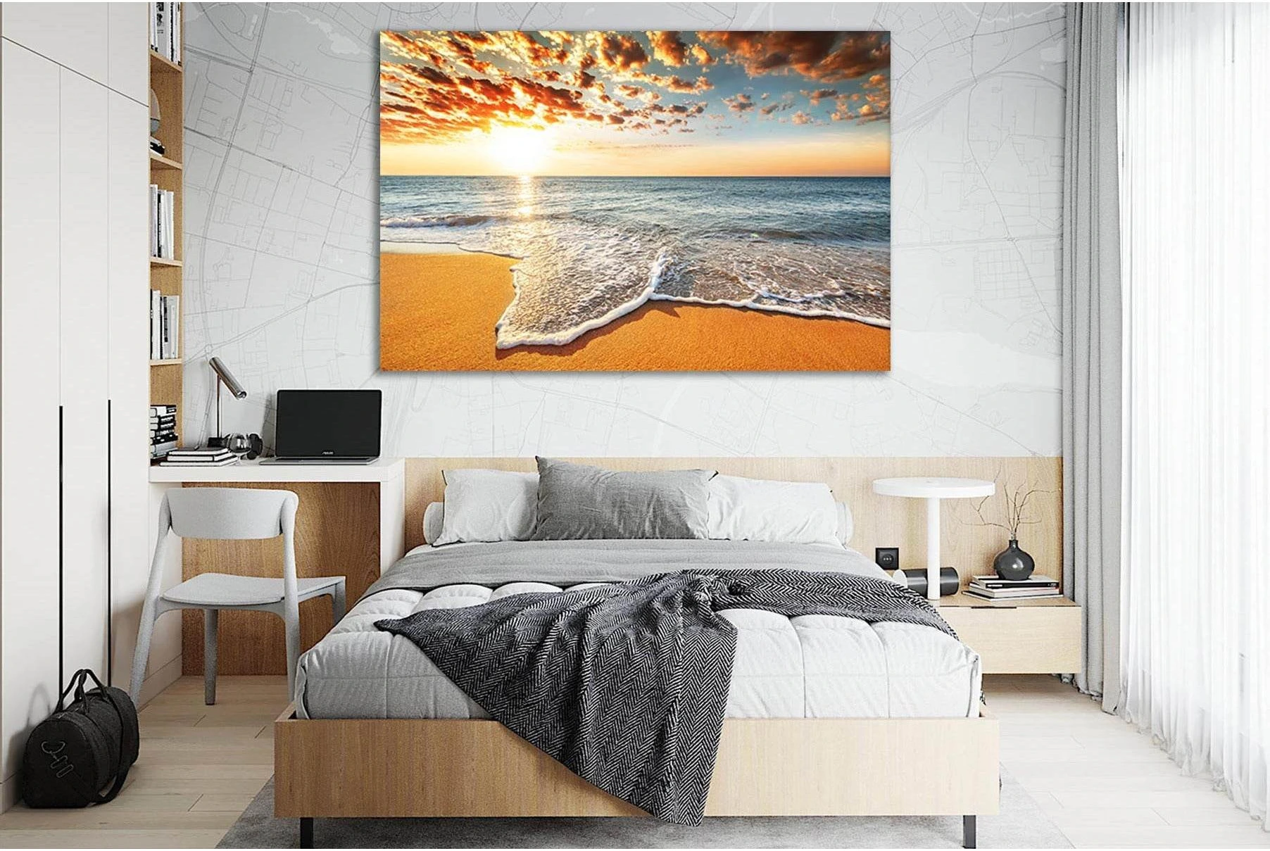 Sunset Over the Sea Waves and Golden Sand Wall Art Canvas Print showing ocean water, wave movement and surf.