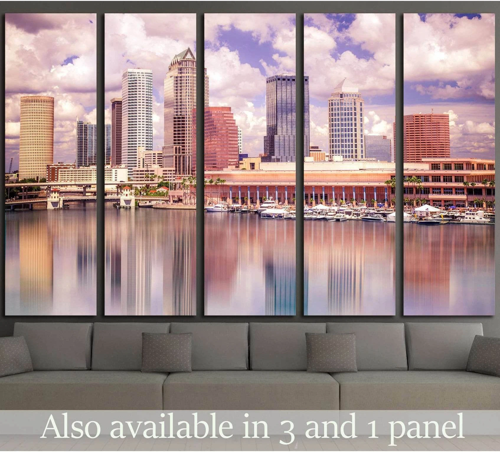 Tampa skyline canvas print with marina and pastel reflections hung above a sofa in a modern living room
