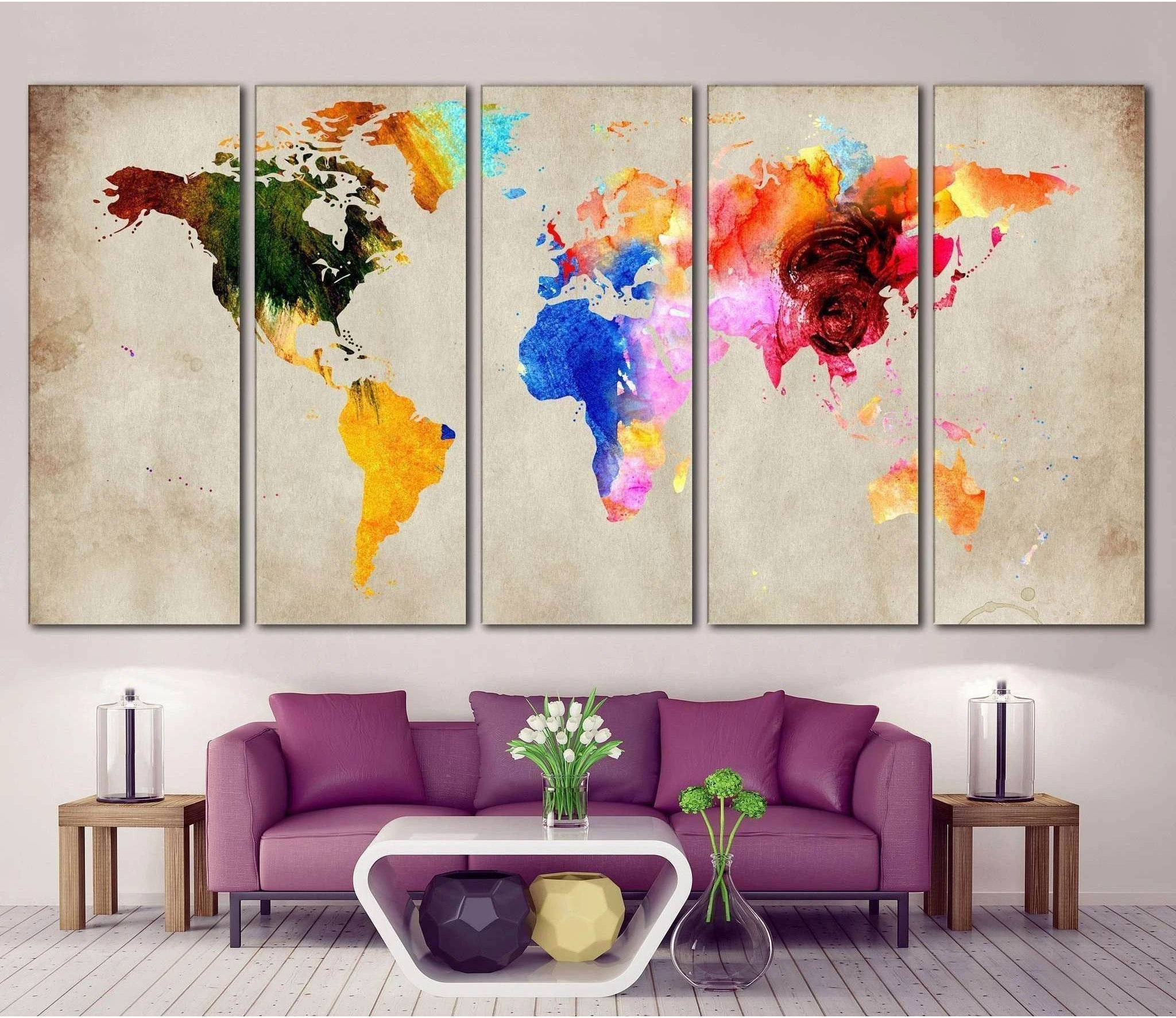 Five-panel colorful world map canvas print above a sofa in a modern living room