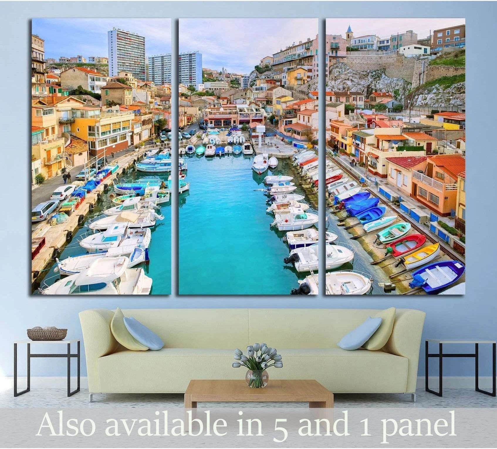 Marseille harbor triptych canvas print with turquoise marina, yachts, and colorful old town buildings