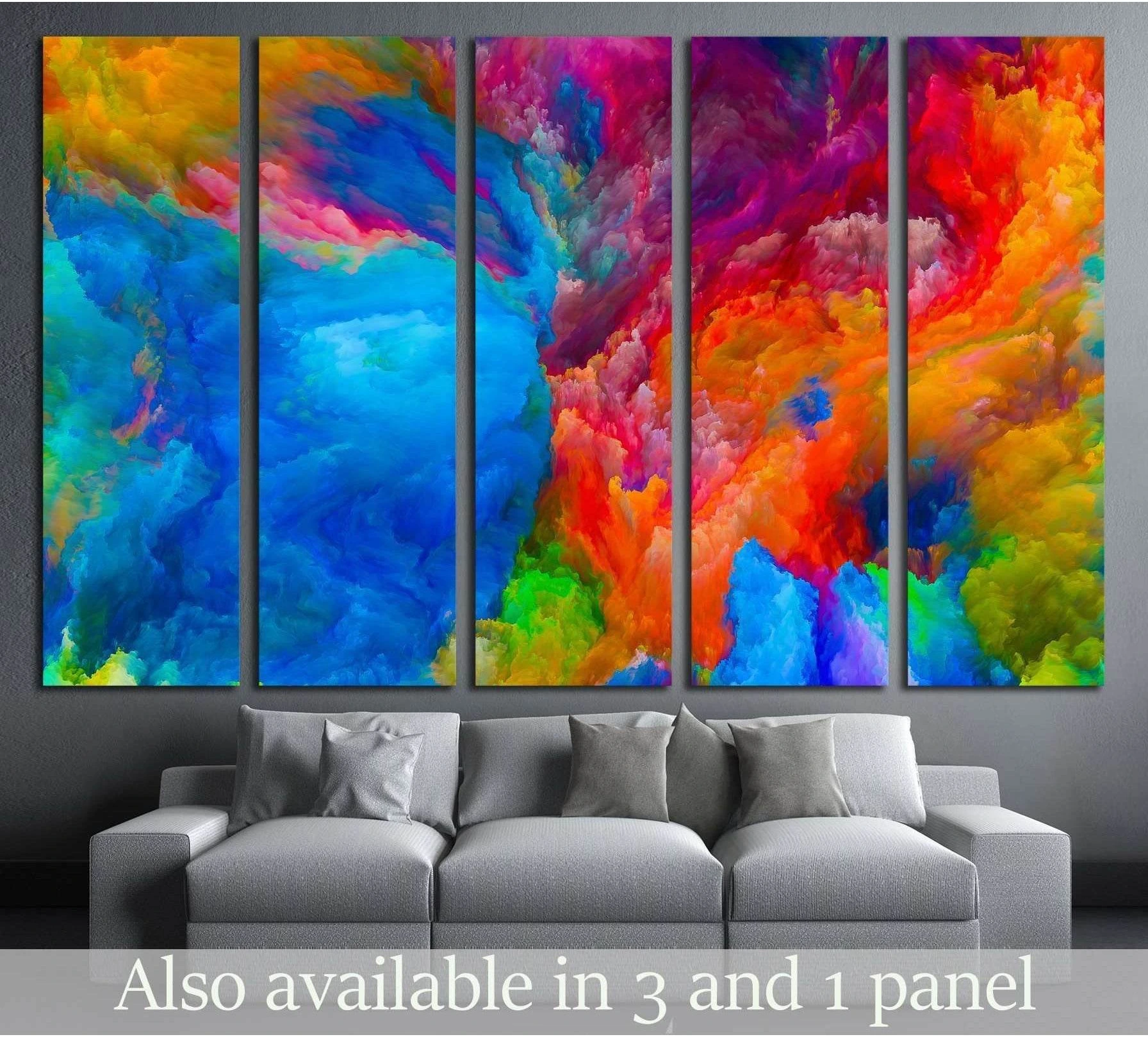 Five-panel colorful abstract canvas print with rainbow cloud textures above a gray sofa