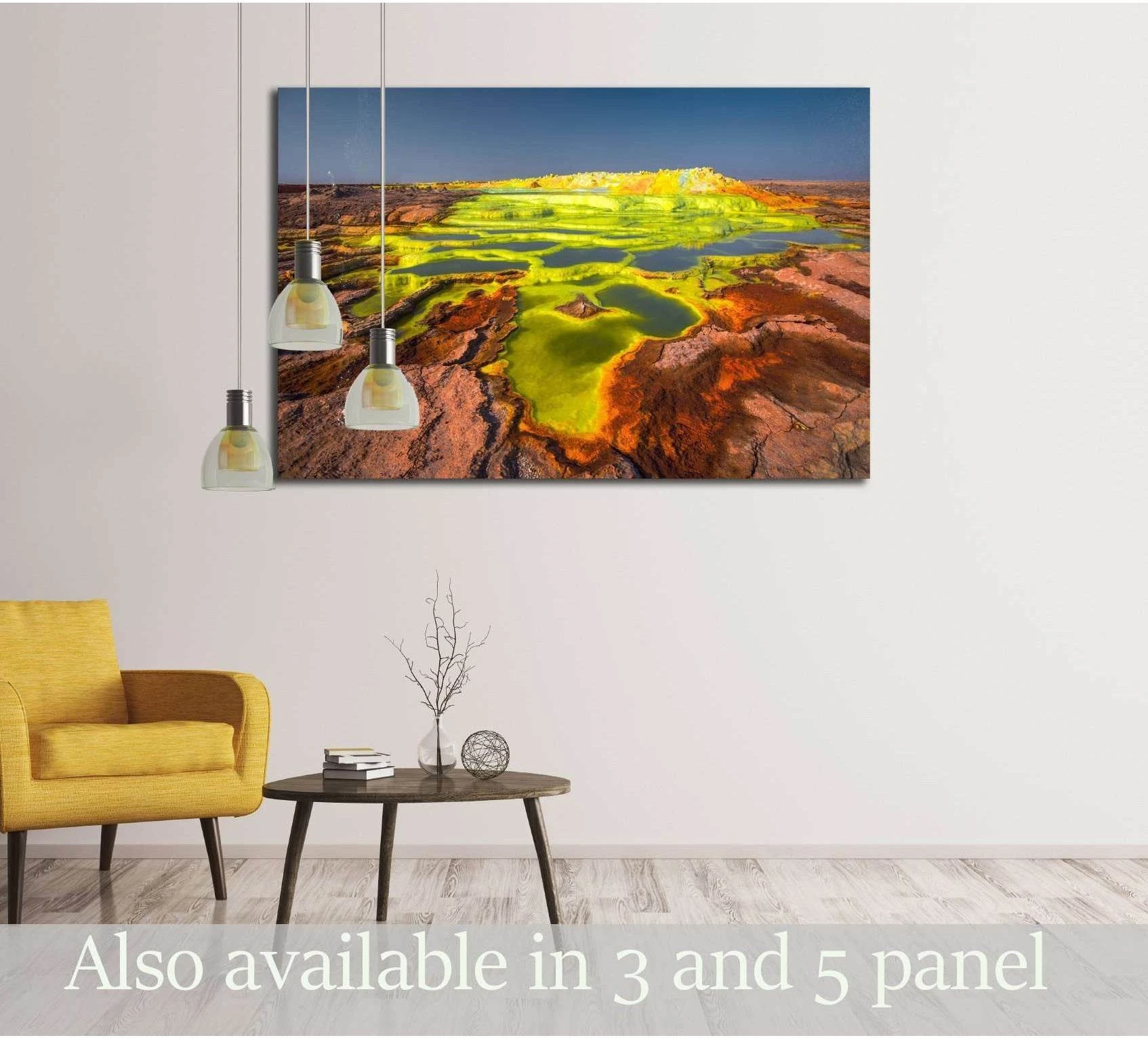 Dallol Volcano canvas print with vivid sulfur pools displayed in a modern living room
