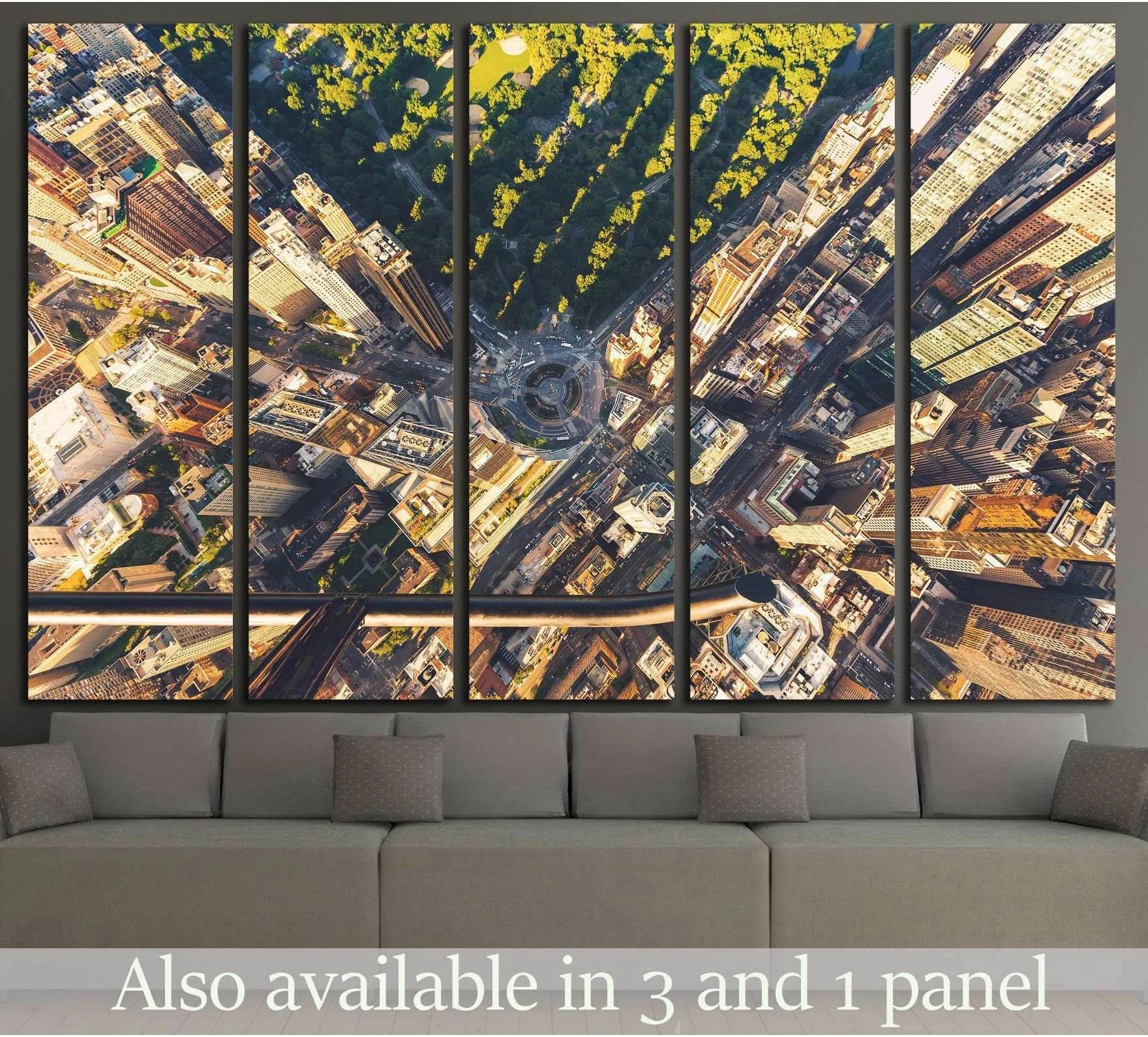 Columbus Circle and Central Park sunset canvas print hung above sofa in modern living room