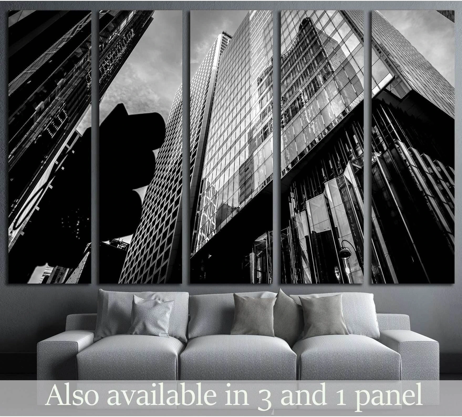 Black and white Hong Kong skyscraper canvas print with dramatic upward view in a modern living room