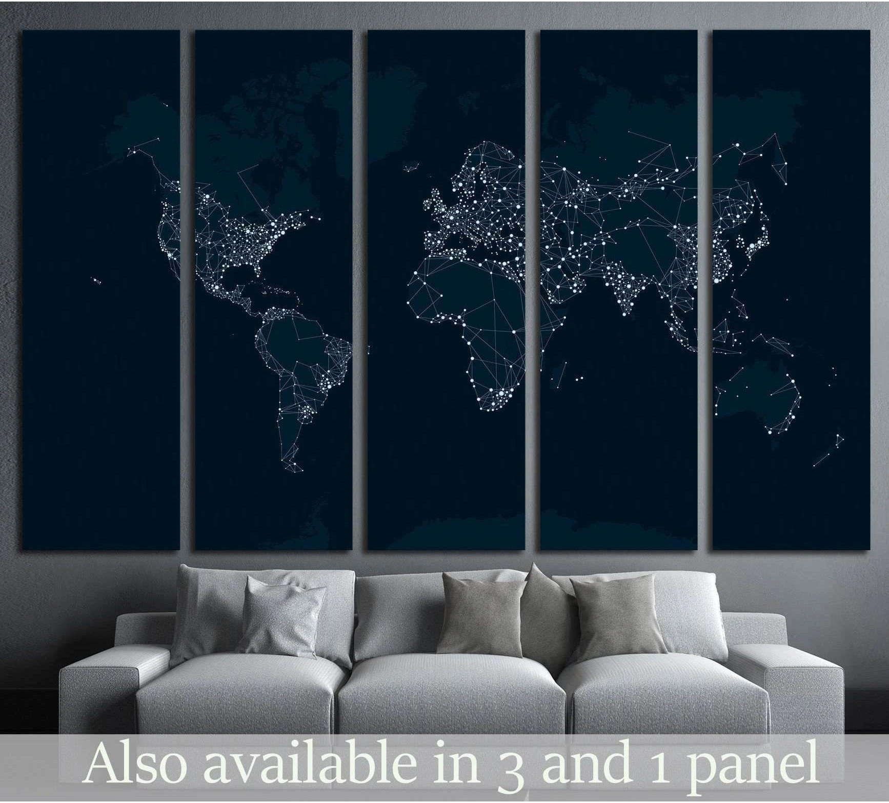Five-panel world network map canvas print with glowing city nodes above a sofa in a modern office