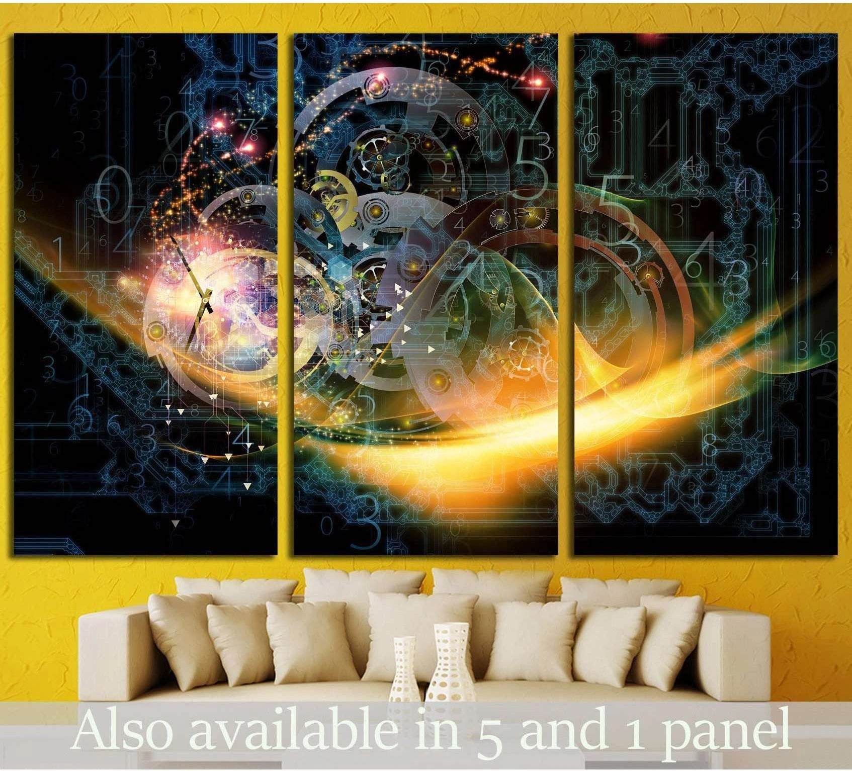 Triptych mechanical gears canvas print with glowing gold light, blue circuitry, and numbers