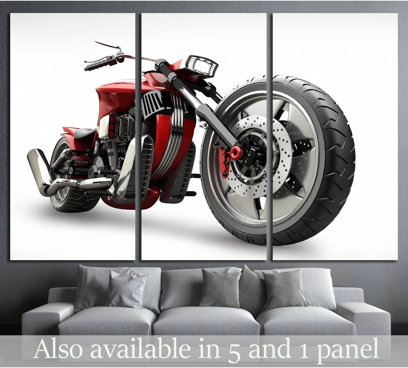 Red concept motorcycle triptych canvas print with oversized front wheel above a gray sofa