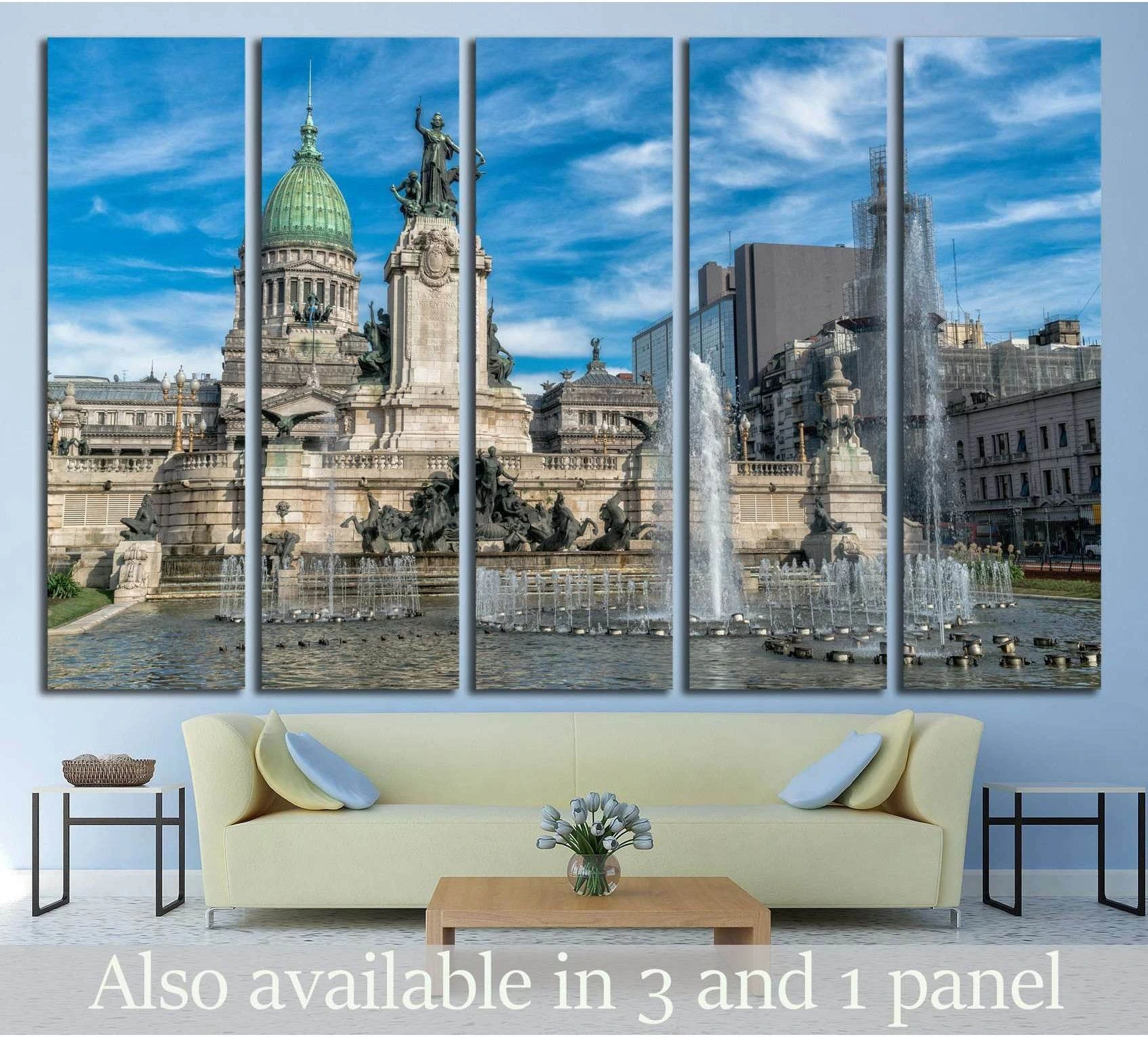 Buenos Aires Congress canvas print in five-panel wall art above a sofa in a modern living room