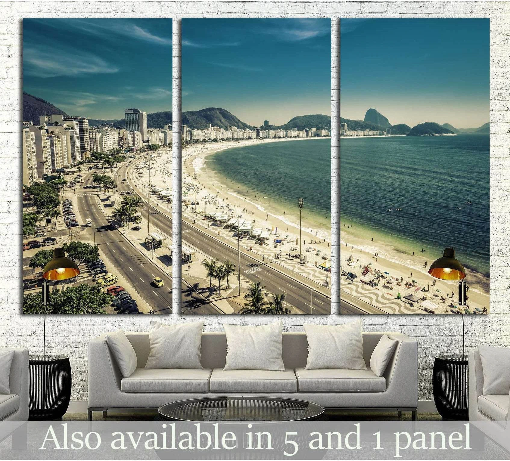Copacabana Beach Rio de Janeiro triptych canvas print above a sofa in a modern living room