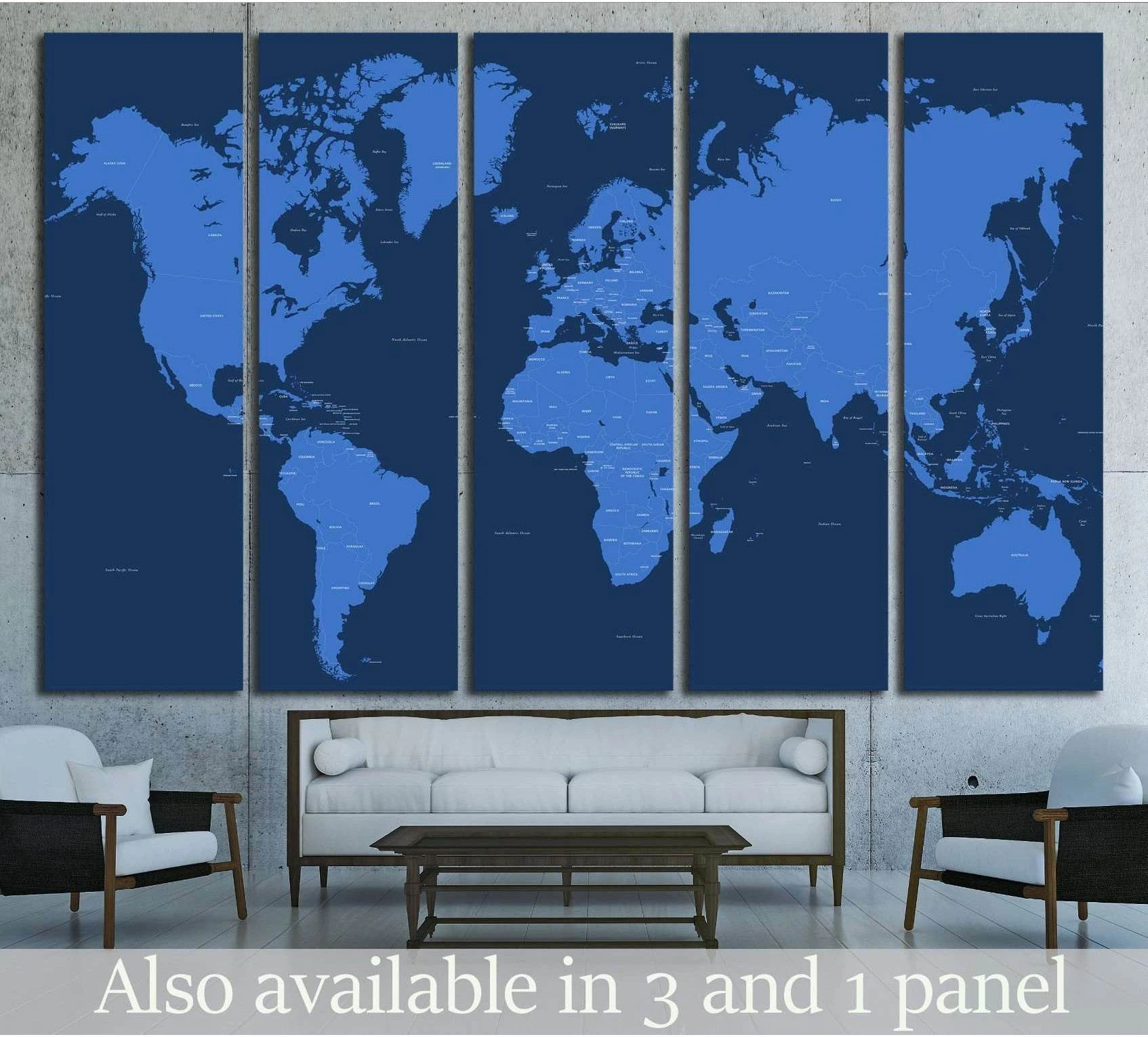Five-panel navy blue world map canvas print displayed above a sofa in a modern office lounge