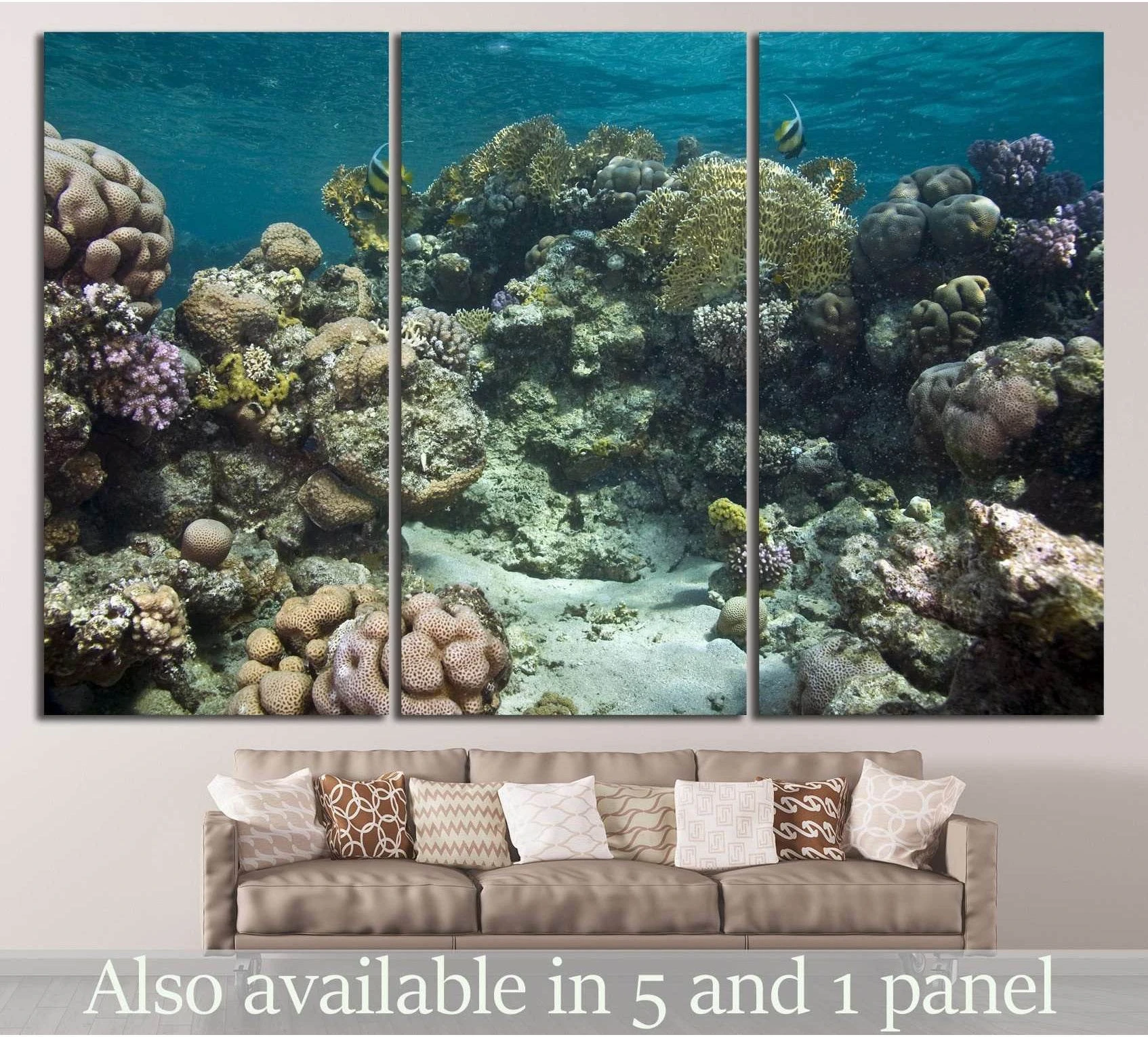 Triptych coral reef canvas print with tropical fish above a sofa in a coastal living room