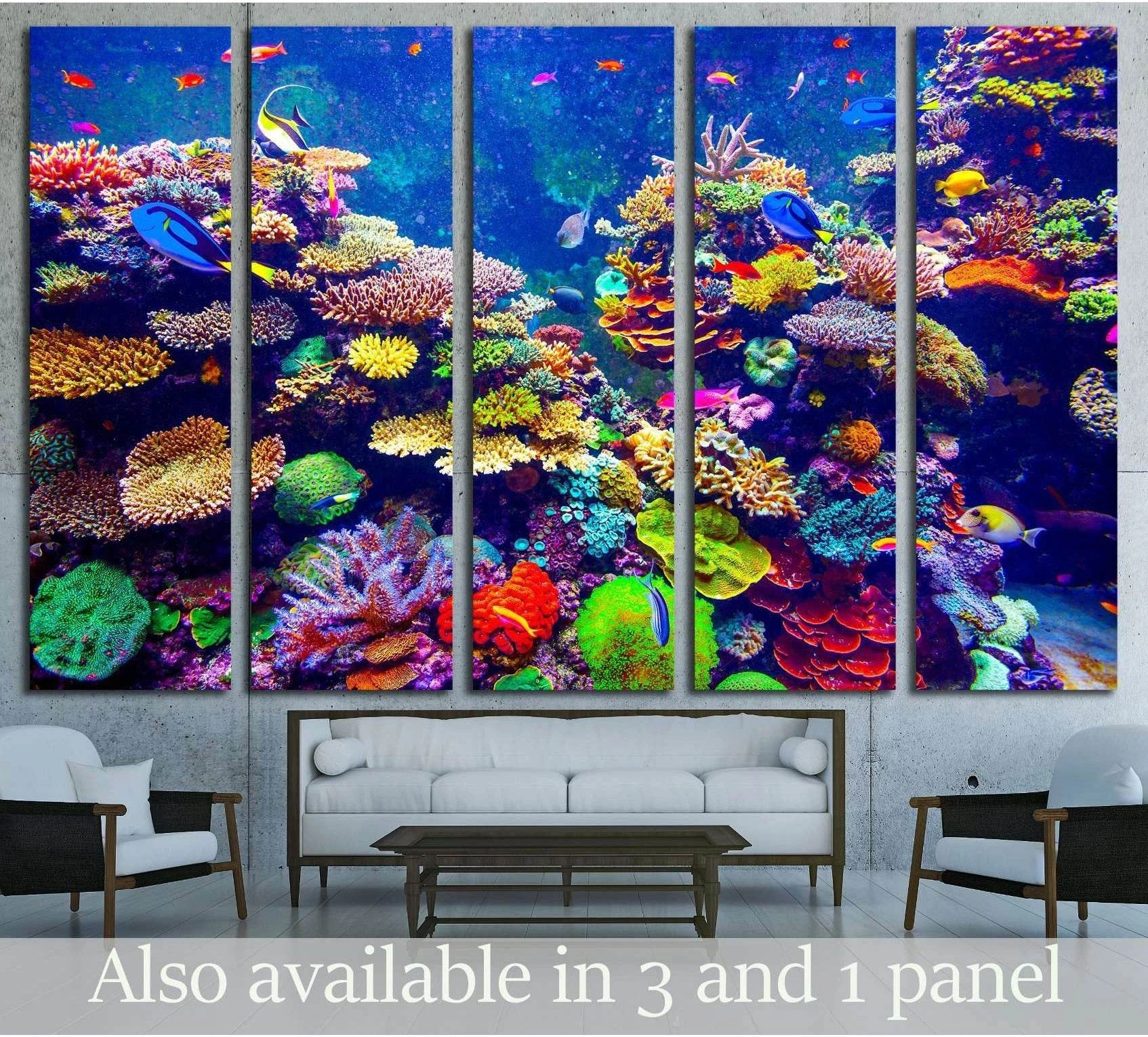 A vibrant and detailed image of a coral reef in sunlight