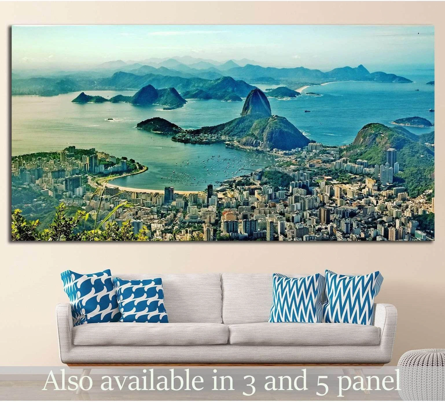 Rio de Janeiro canvas print with Sugarloaf Mountain and Guanabara Bay above a sofa in a modern living room