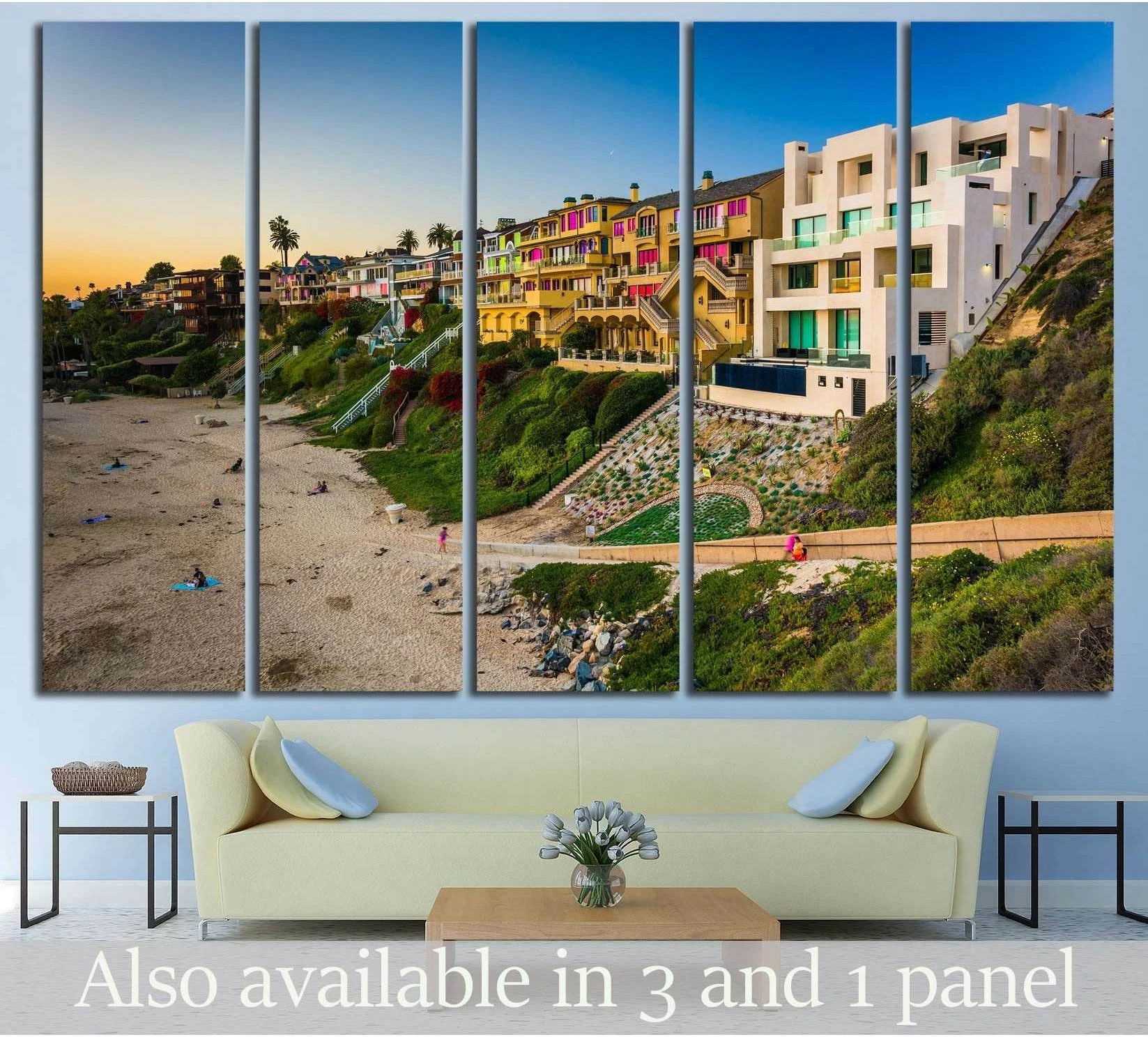 Corona Del Mar beach houses canvas print hung above a sofa in a modern coastal living room