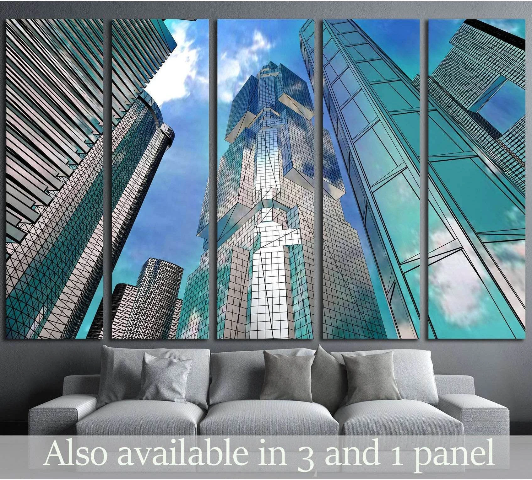 Multi-panel skyscraper canvas print with teal glass towers above a sofa in a modern office-style living room