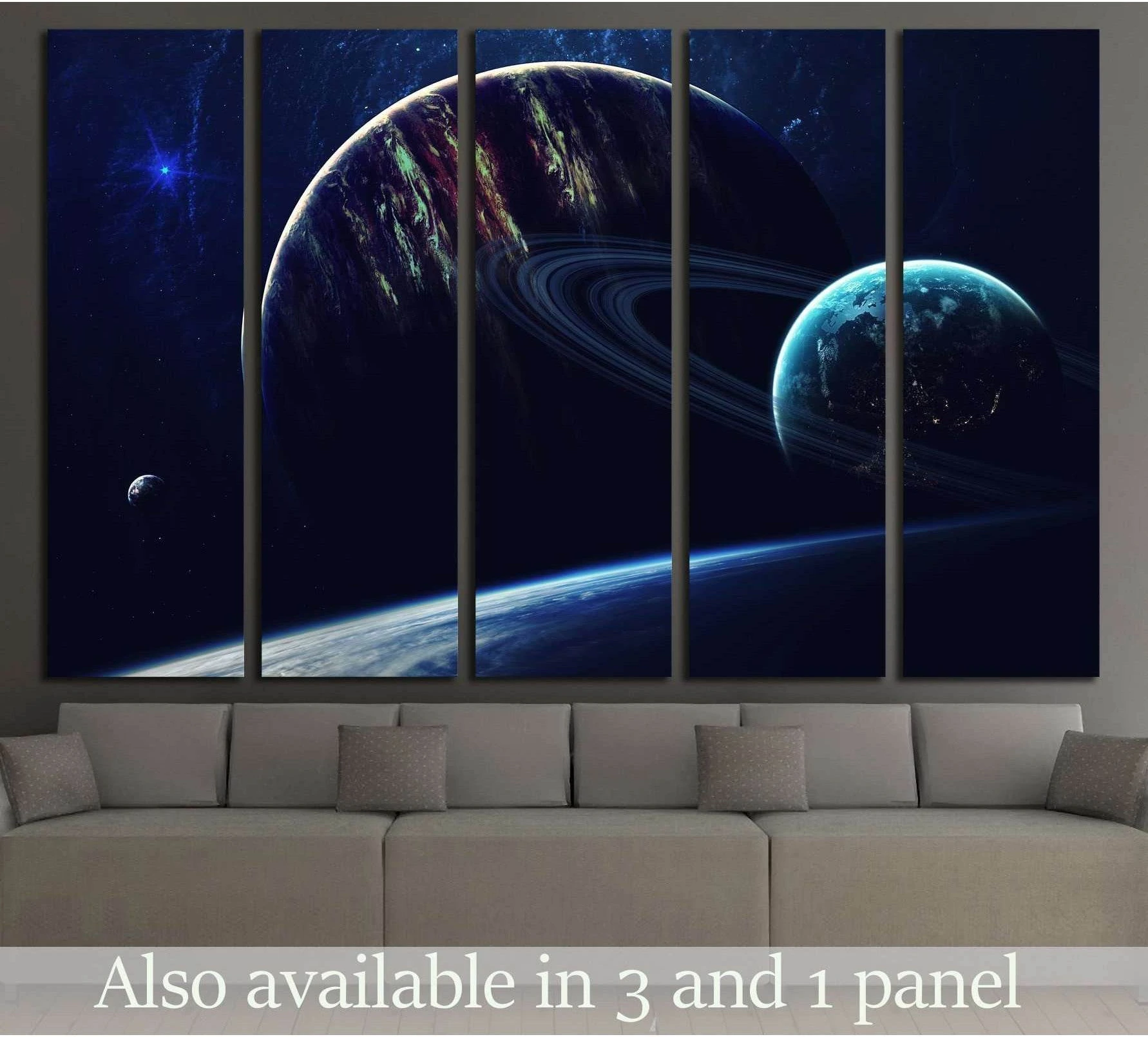 Five-panel deep space canvas print with ringed planets above a sofa in a modern living room