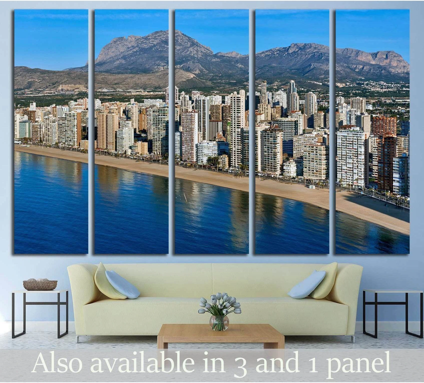 Benidorm skyline canvas print with Costa Blanca beach, blue sea, and mountain backdrop above a sofa