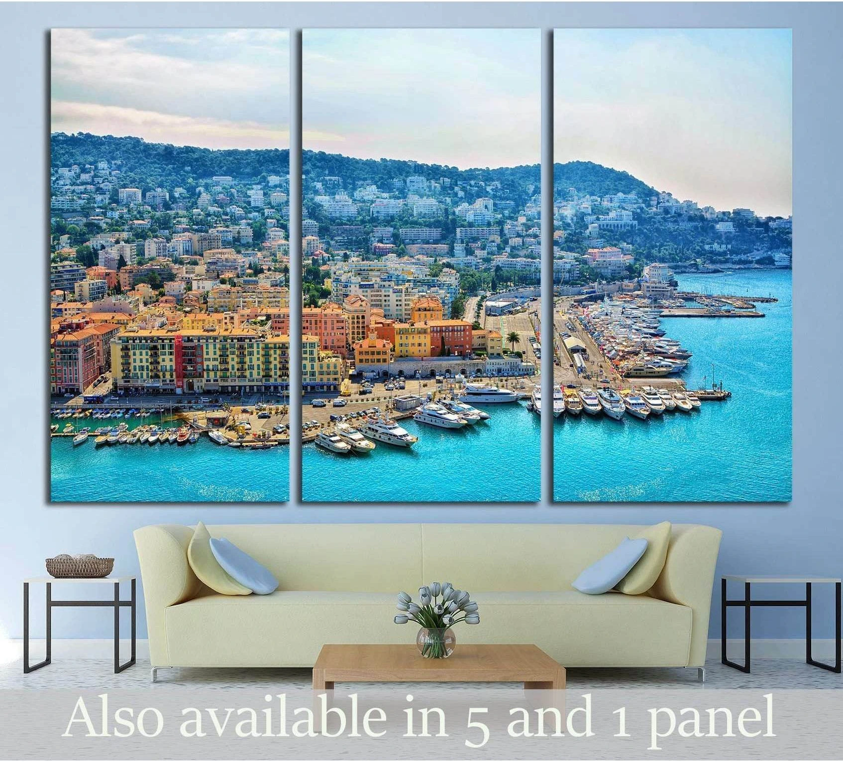 Nice France marina triptych canvas print above sofa in a modern coastal living room