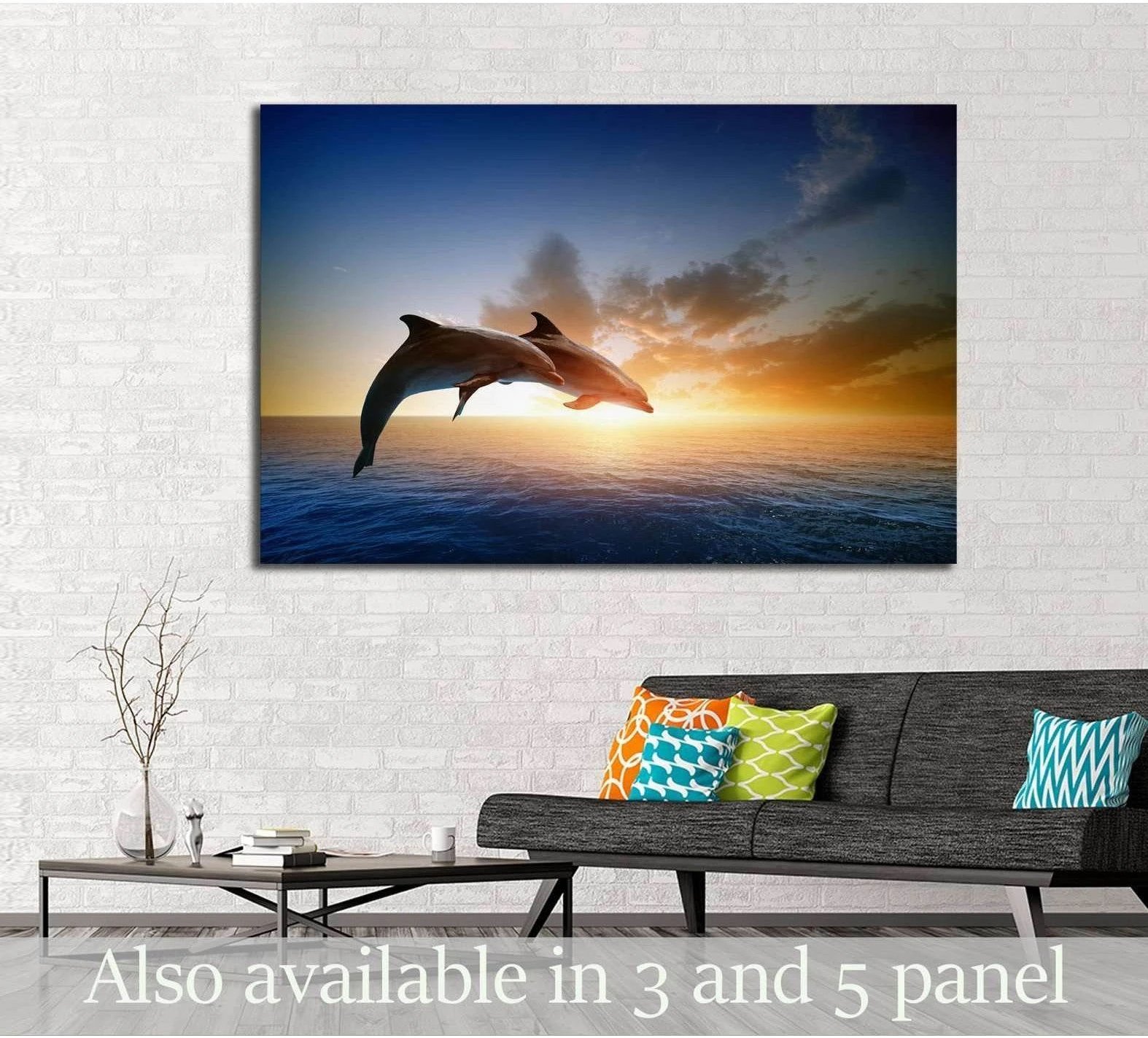 Couple jumping dolphins, beautiful sea sunset showing sea water, shoreline and horizon depth.