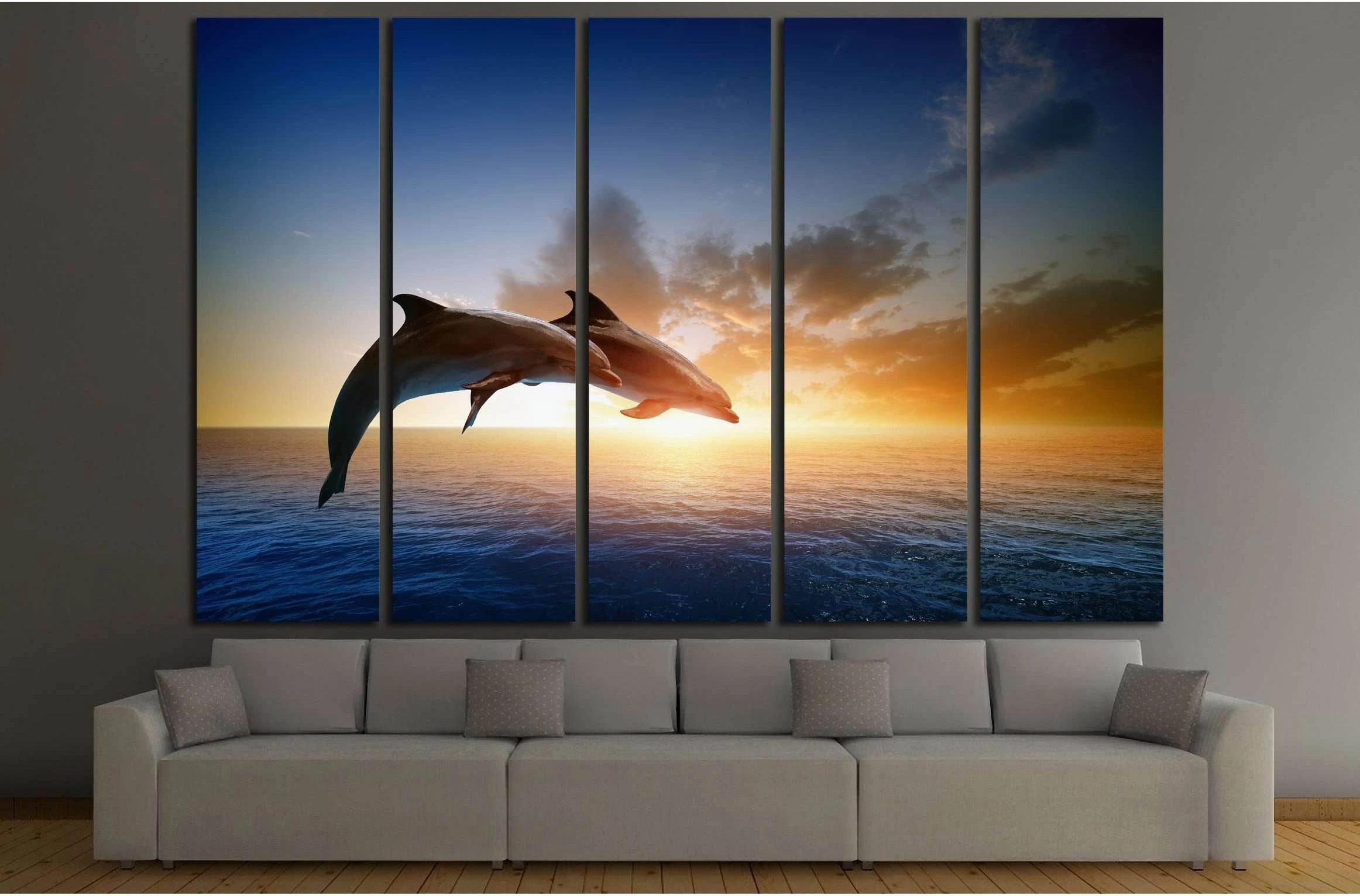 Couple jumping dolphins, beautiful sea sunset №2792 Ready to Hang Canvas Print - Zellart Canvas Prints ALL_Products, s-2792