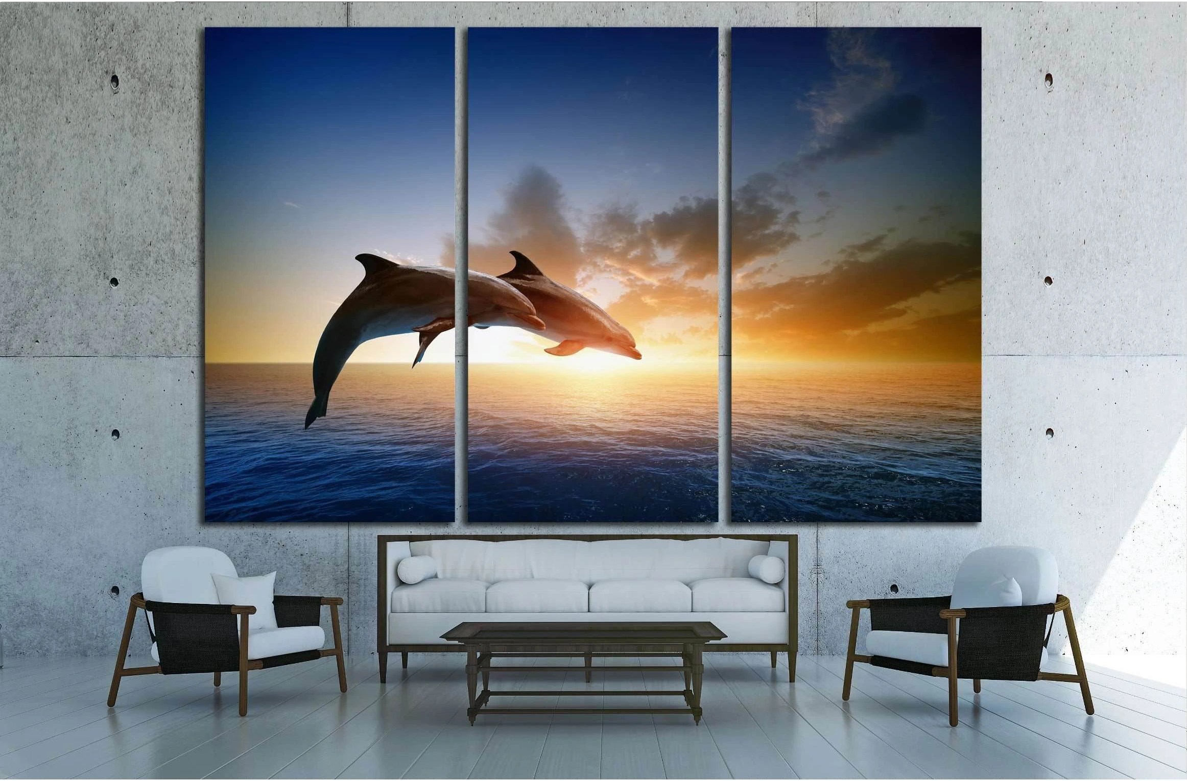 Couple jumping dolphins, beautiful sea sunset №2792 Ready to Hang Canvas Print - Zellart Canvas Prints ALL_Products, s-2792