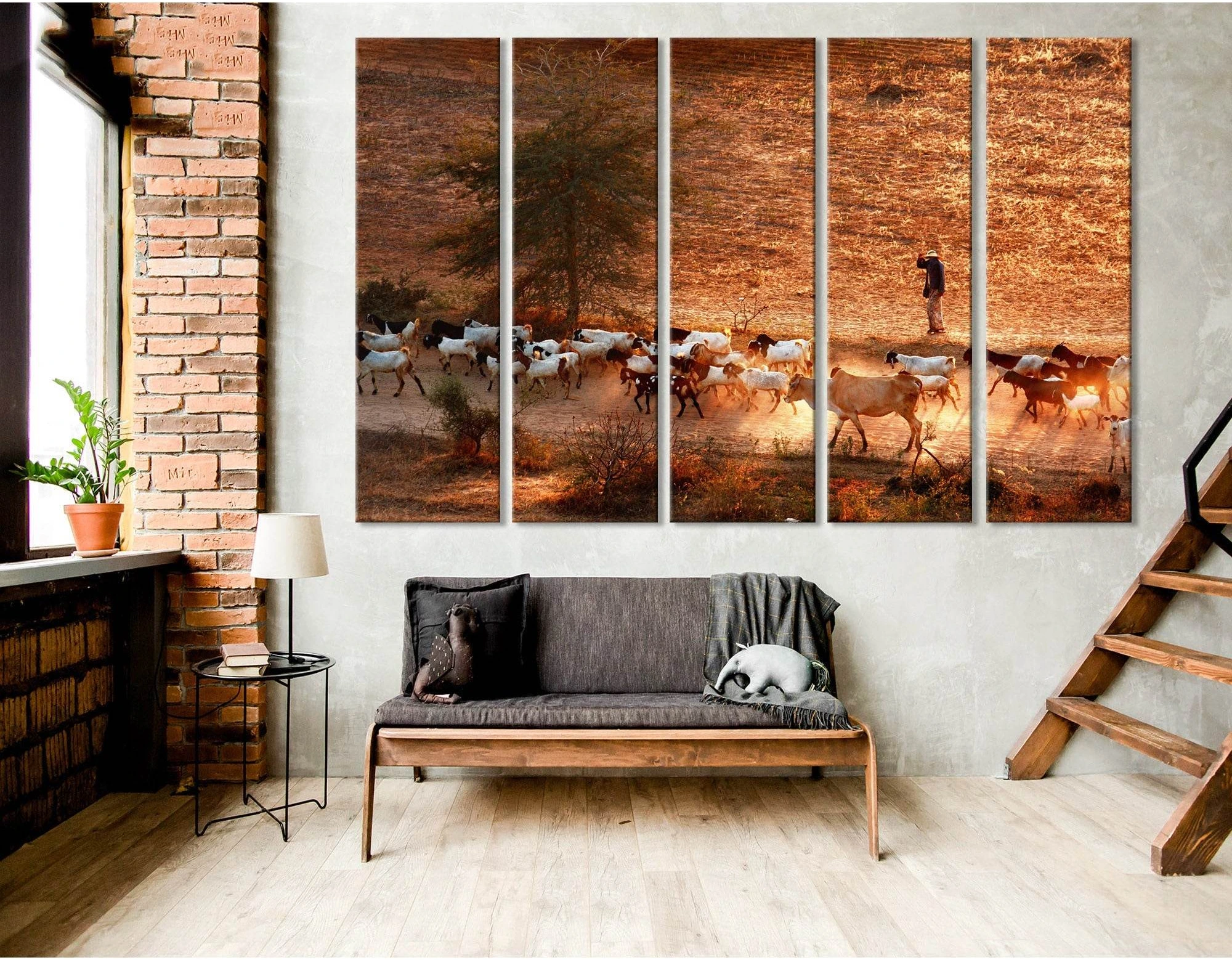 Cowherd Grazing Goats And Cows In Bagan №04227 Ready to Hang Canvas Print - Zellart Canvas Prints ALL_Products, Cow