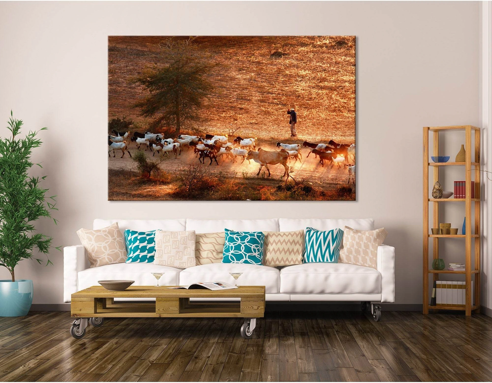 Cowherd Grazing Goats And Cows In Bagan №04227 Ready to Hang Canvas Print - Zellart Canvas Prints ALL_Products, Cow