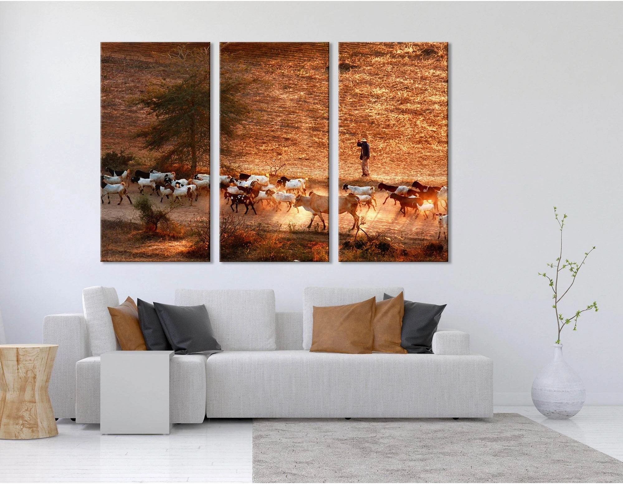 Cowherd Grazing Goats And Cows In Bagan №04227 Ready to Hang Canvas Print - Zellart Canvas Prints ALL_Products, Cow