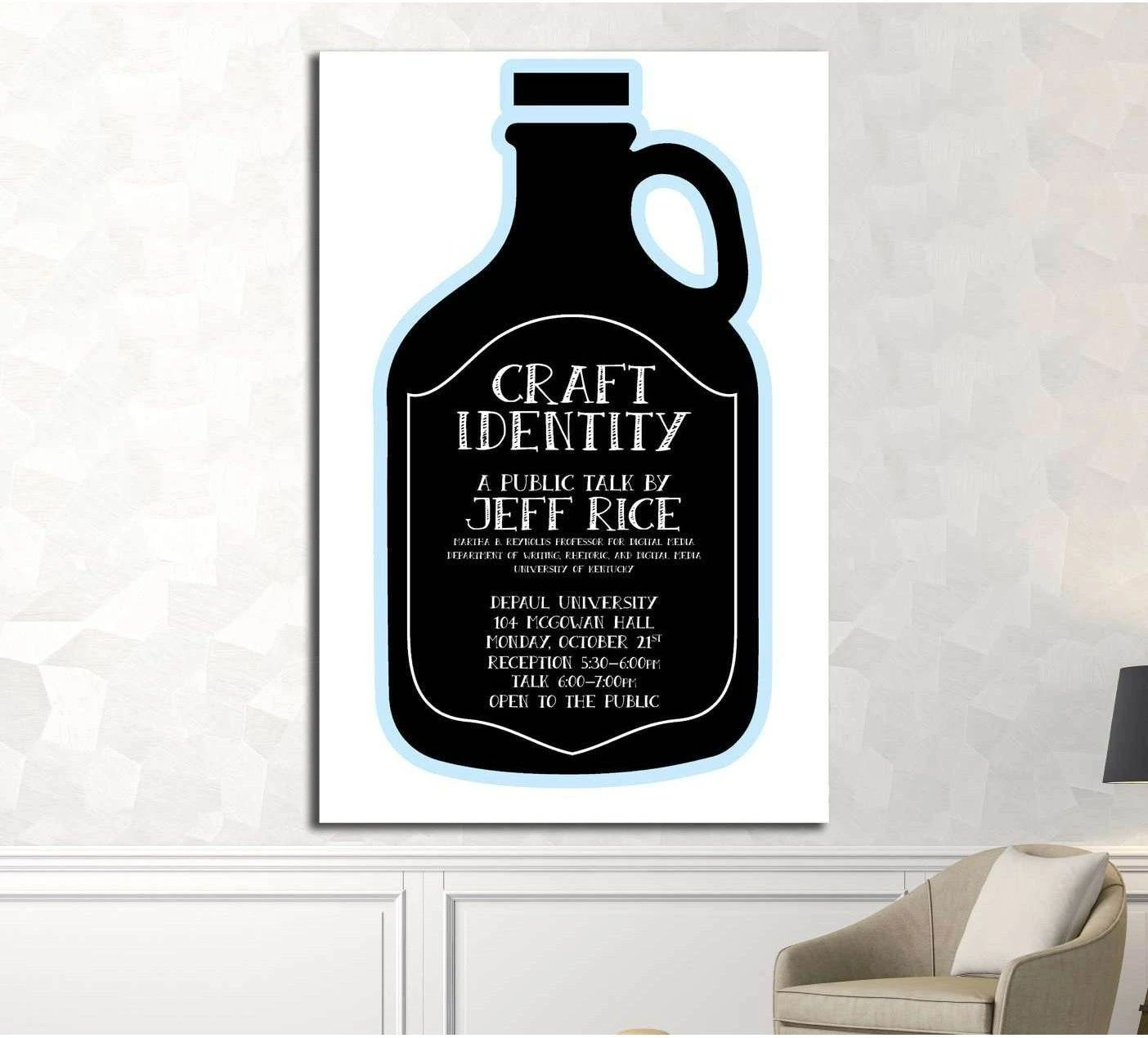 Craft beer growler canvas print with black bottle silhouette and white typography in a modern home bar style
