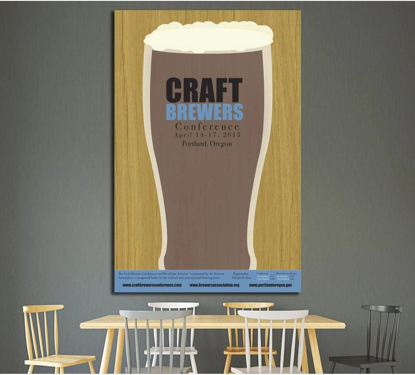 Craft beer canvas print with pint glass silhouette on wood background above dining table