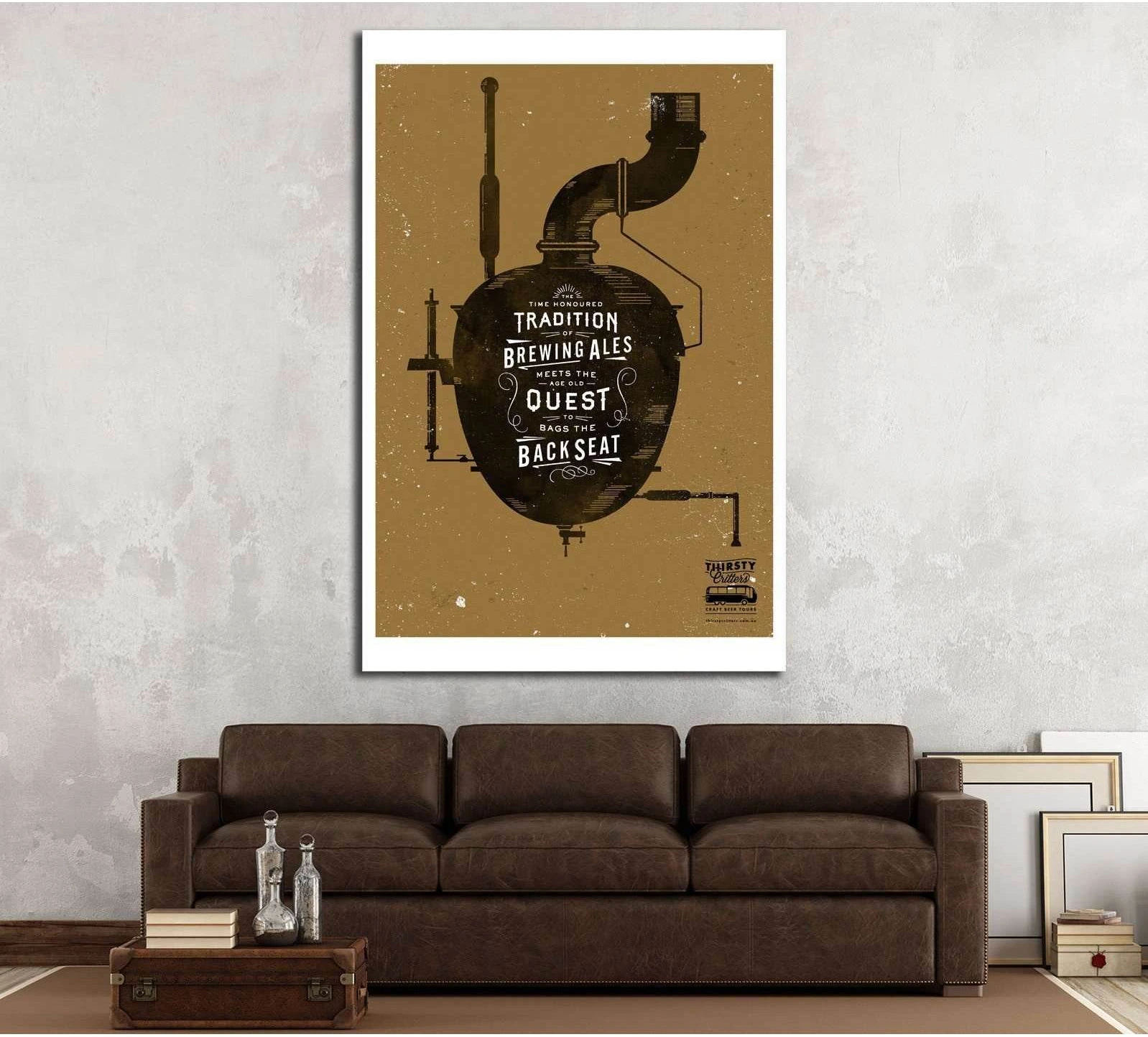 Vintage brewery still craft beer canvas print displayed above a brown leather sofa in a rustic living room