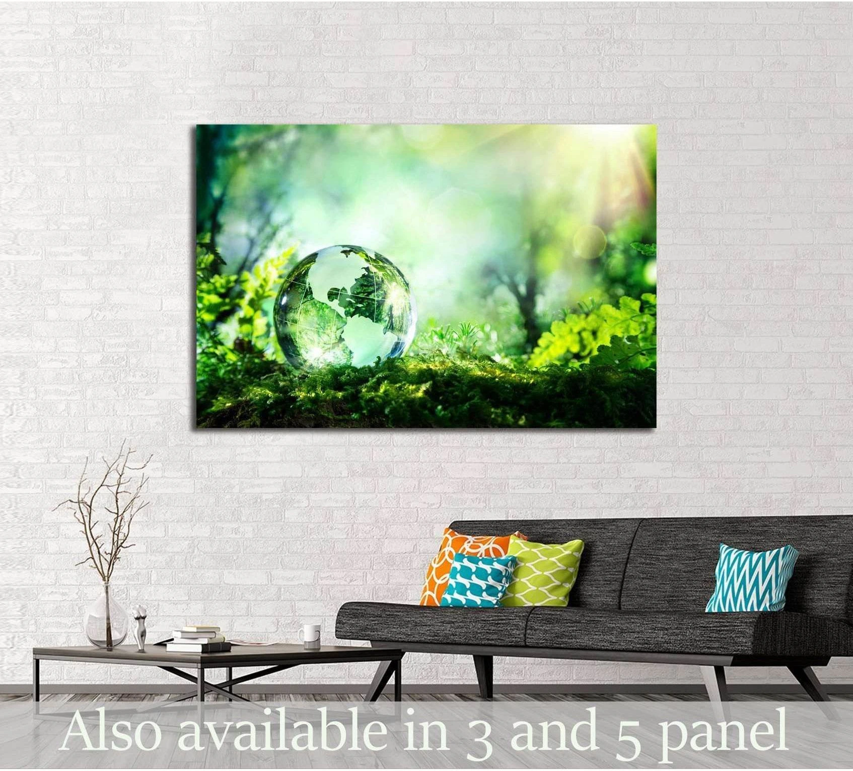 Glass globe resting on moss in a sunlit forest canvas print above a sofa in a modern living room
