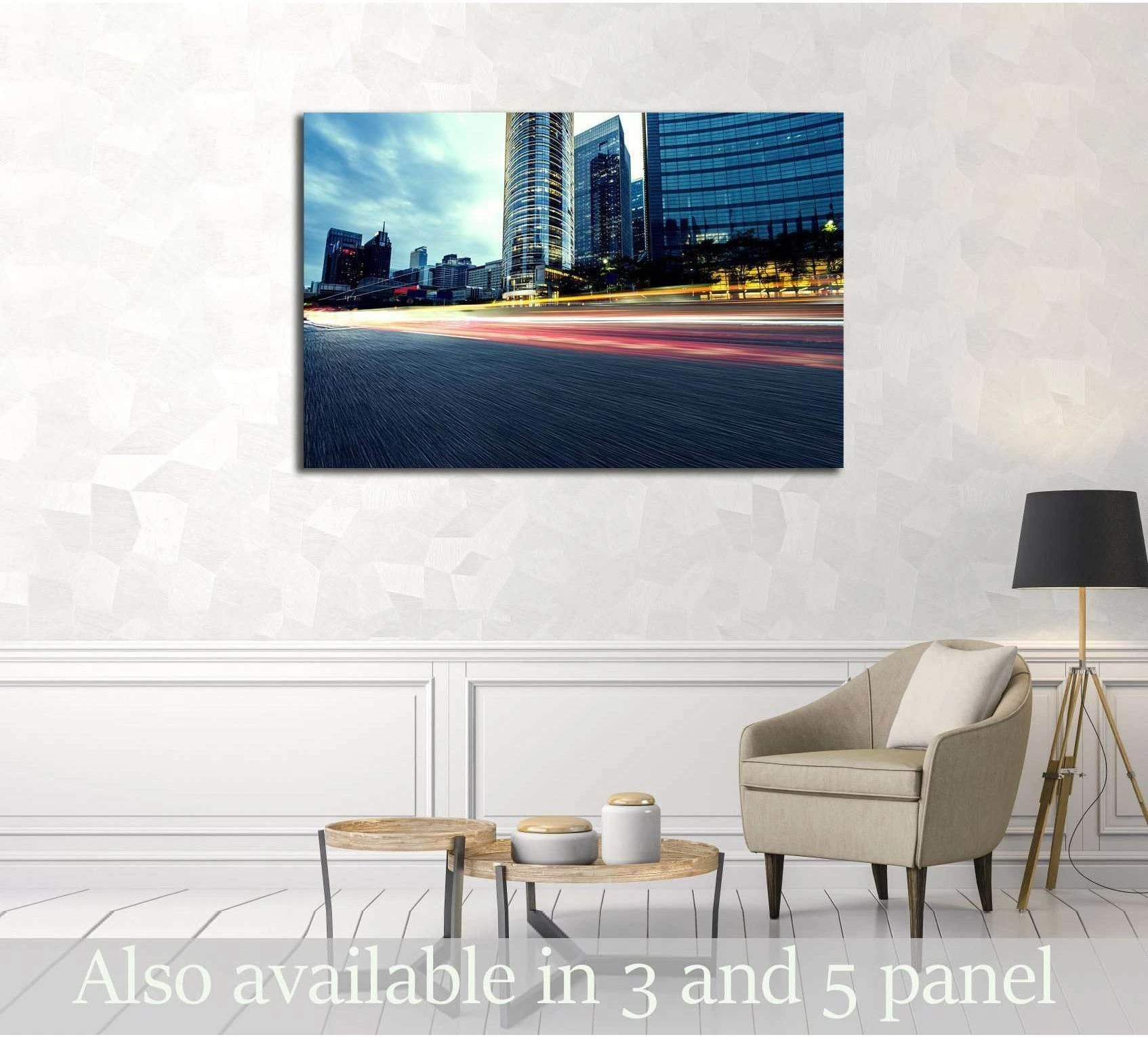 Guangzhou city light trails canvas print above a chair in a modern living room mockup