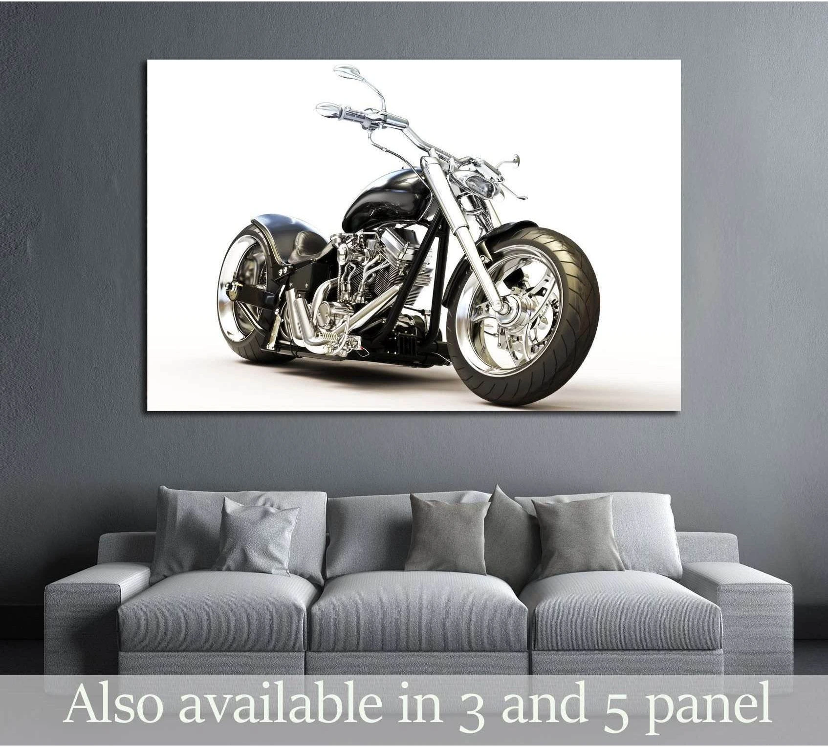 Black custom motorcycle canvas print on white background displayed above a grey sofa