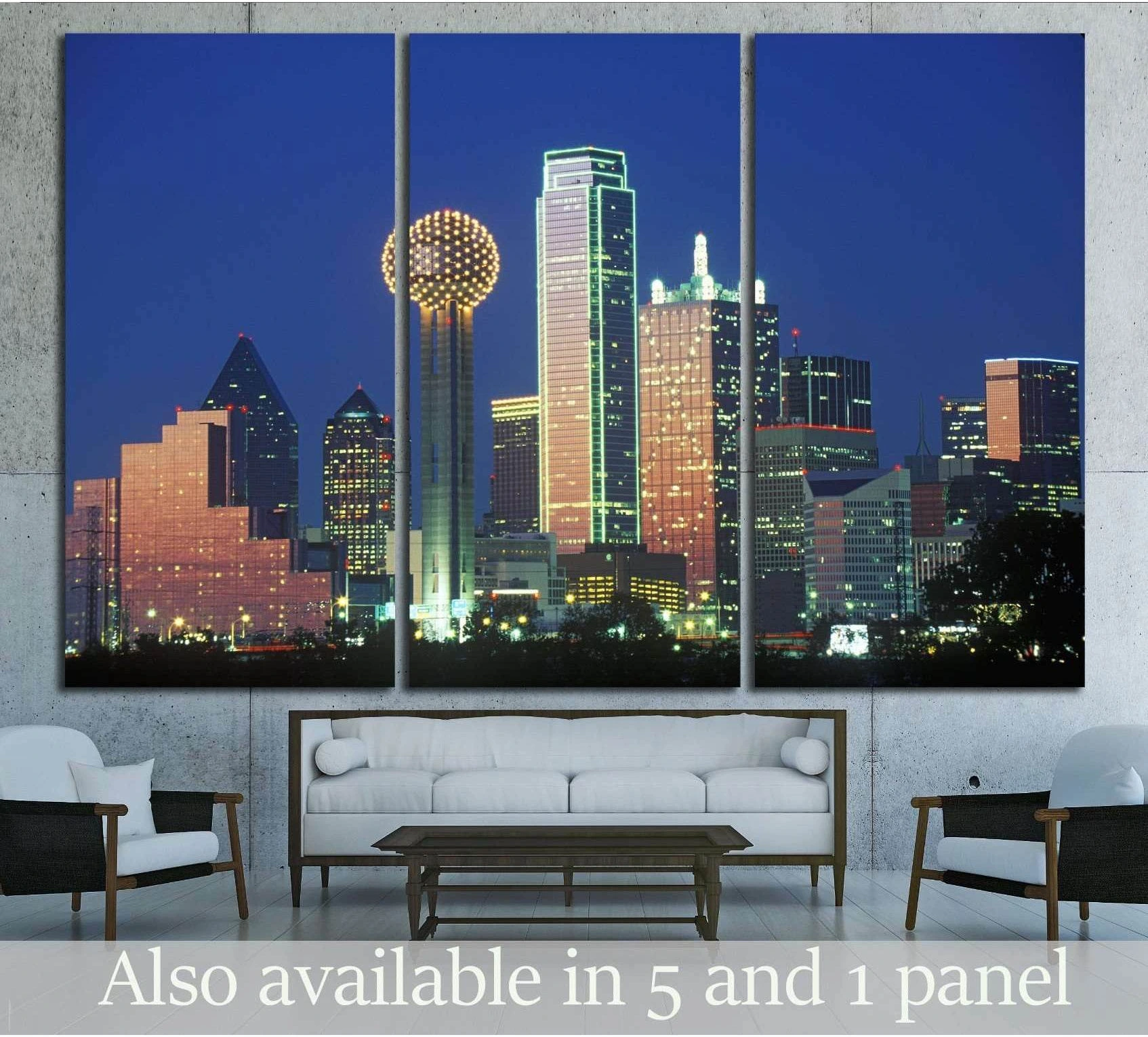Dallas skyline canvas print with Reunion Tower at night above sofa in modern living room