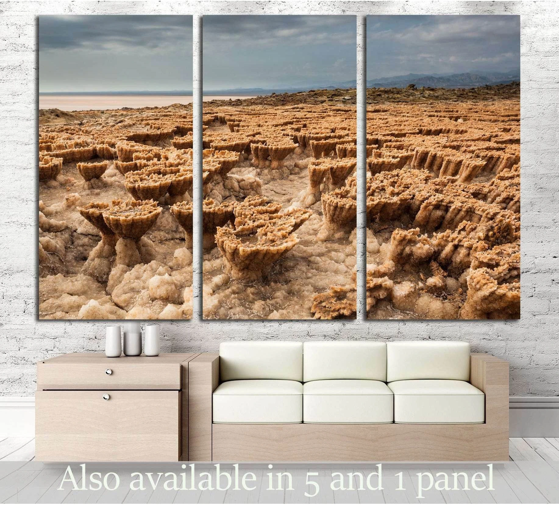 Dallol salt formations triptych canvas print above sofa in a modern living room mockup