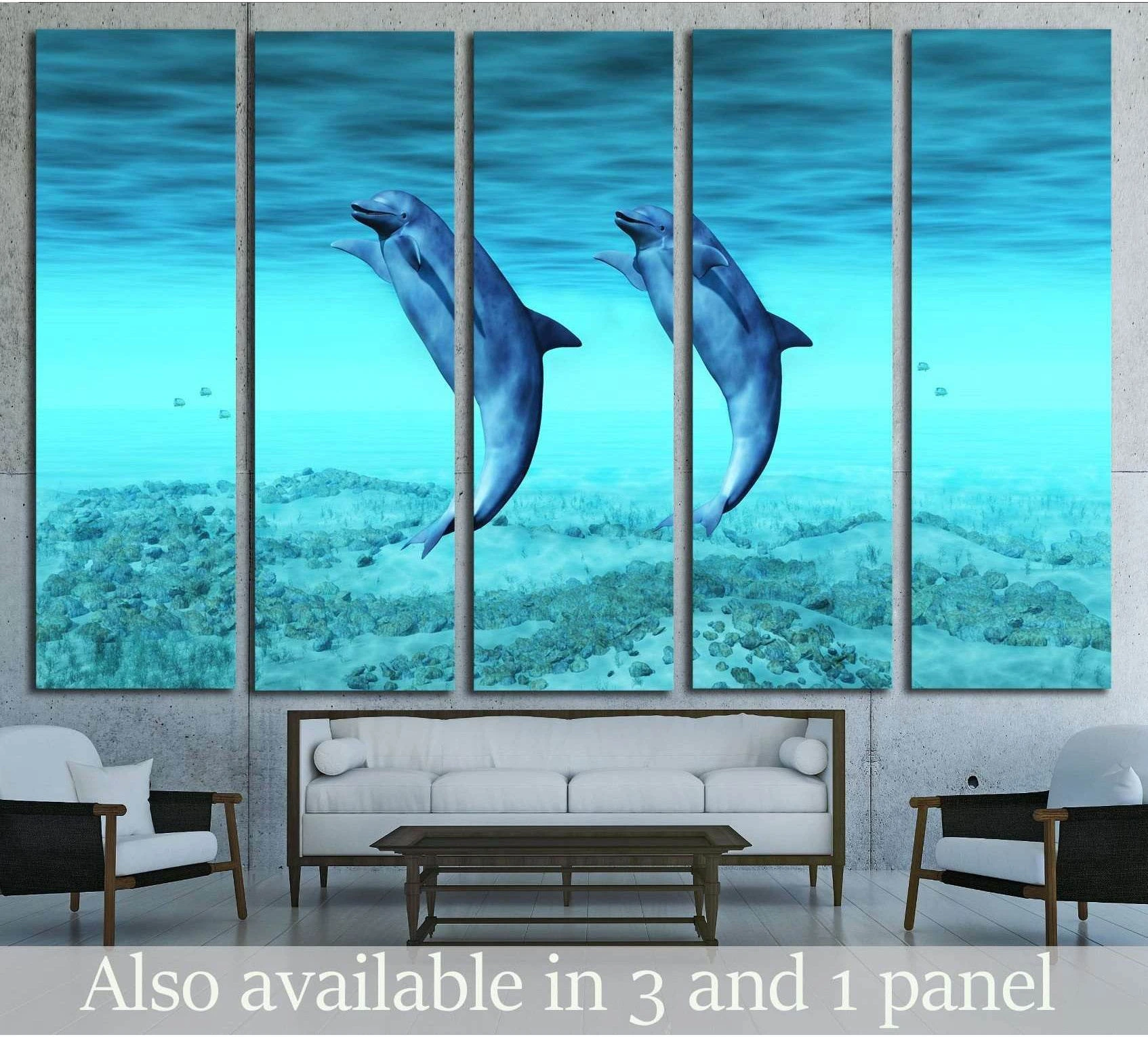 dancing dolphins showing blue ocean wall art with water and coastal depth.