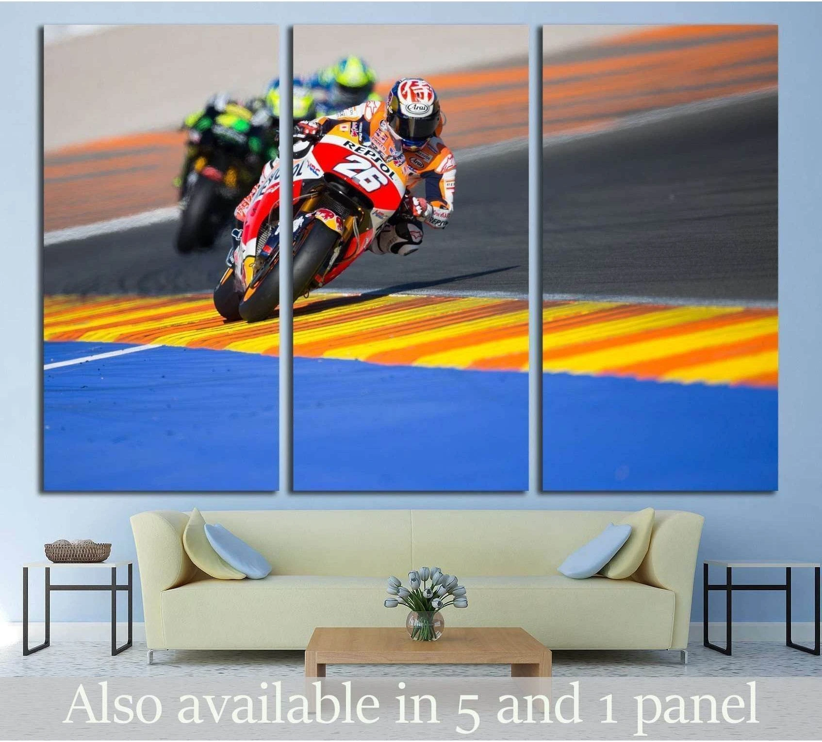 Dani Pedrosa MotoGP canvas print in triptych format above sofa with Valencia racing scene