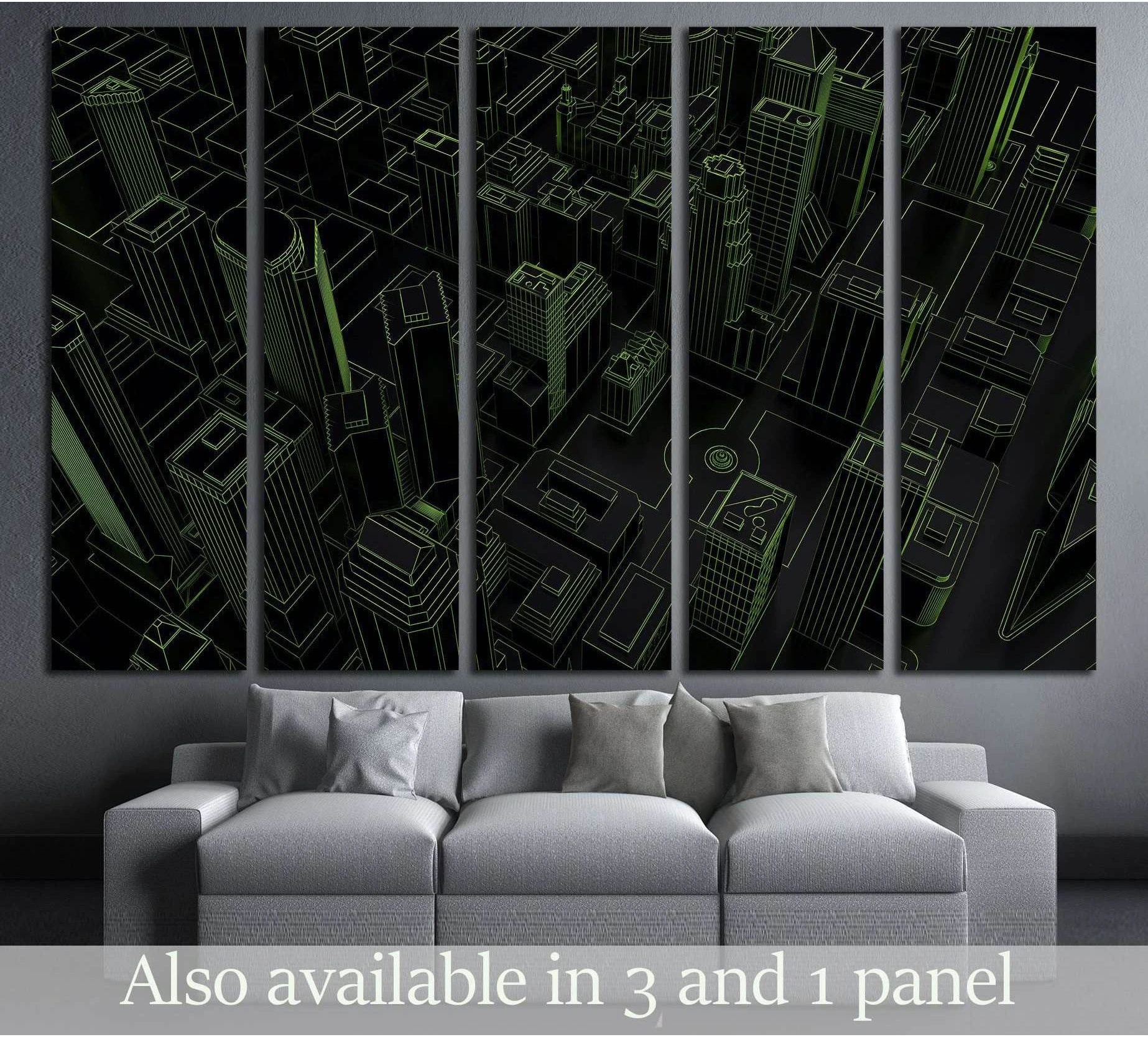 Neon green wireframe city canvas print in a five-panel layout above a gray sofa in a modern living room