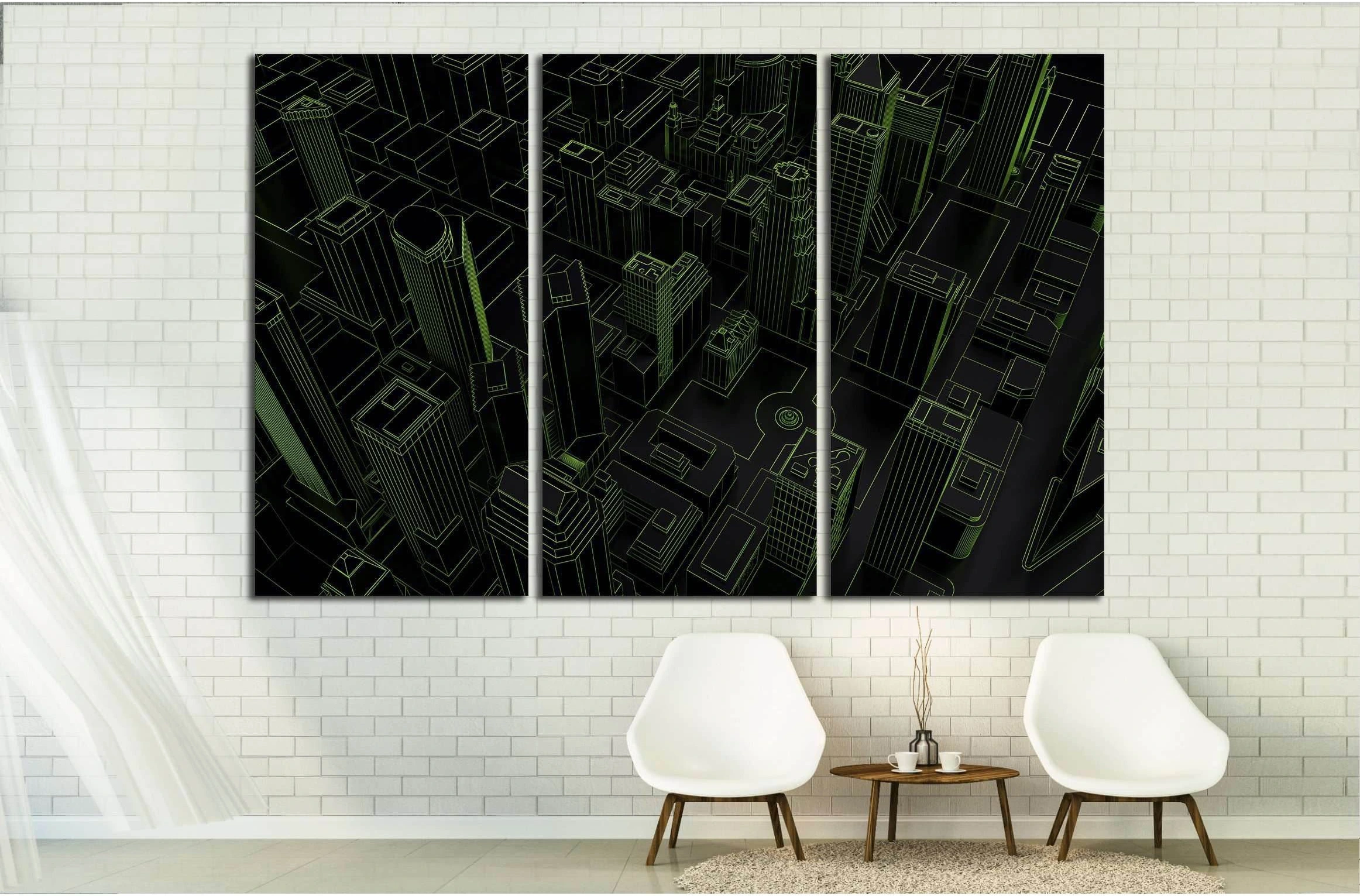dark low poly city green mesh. 3d rendering №2736 Ready to Hang Canvas Print - Zellart Canvas Prints ALL_Products, s-2736