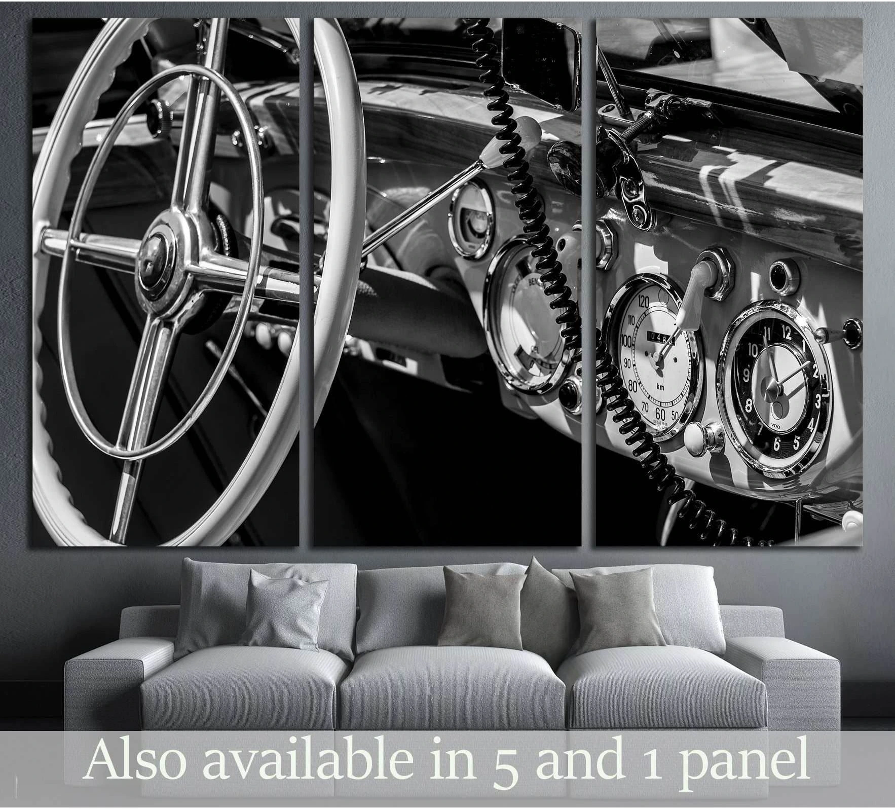 Black and white vintage car dashboard triptych canvas print above a sofa in a modern living room