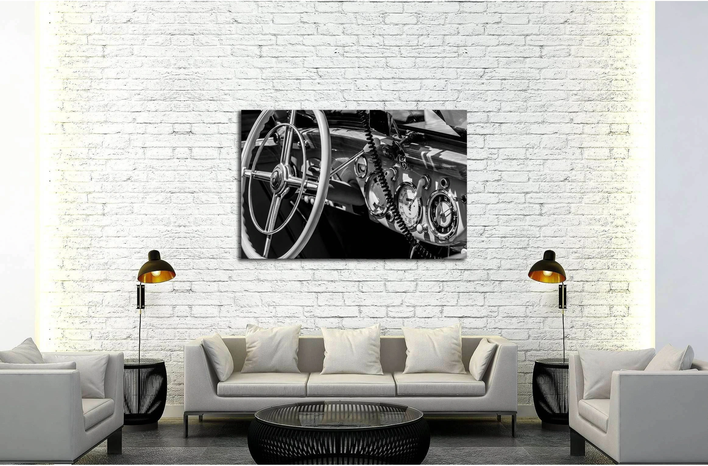 dashboard old car in black and white retro №3280 Ready to Hang Canvas Print - Zellart Canvas Prints ALL_Products, s-3280