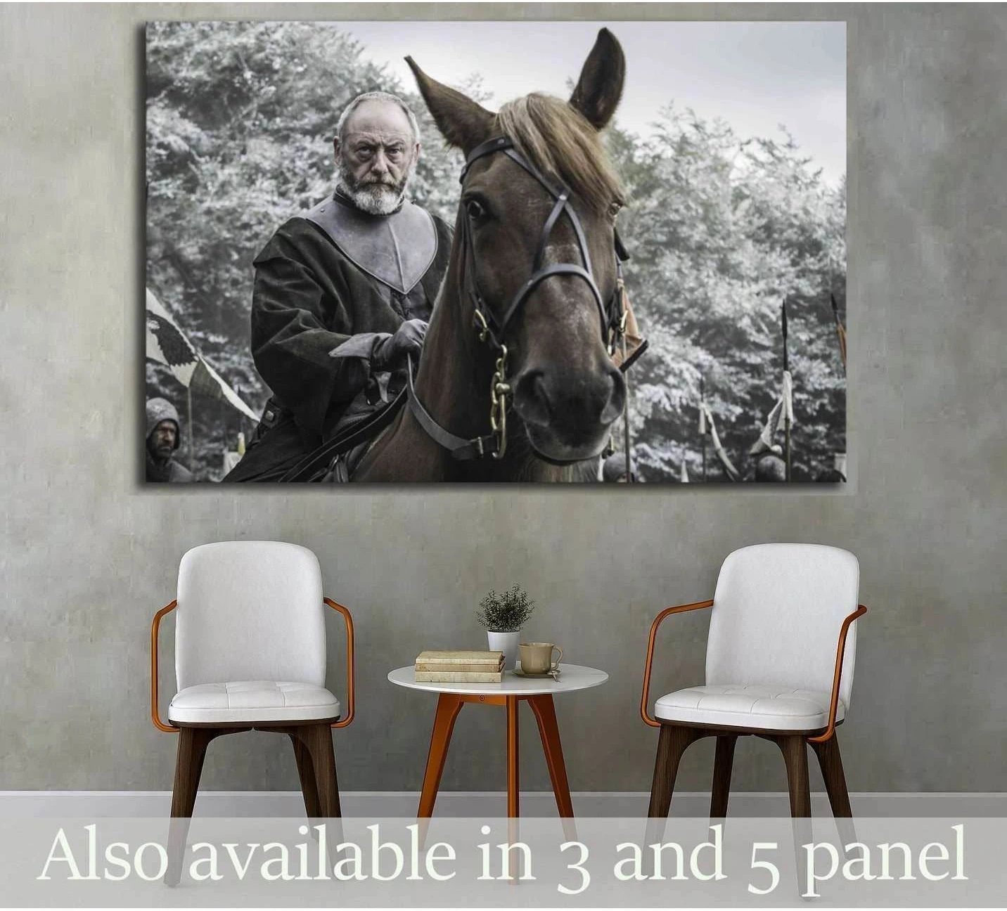 Medieval horseman on horseback canvas print in muted gray and earth tones above modern chairs