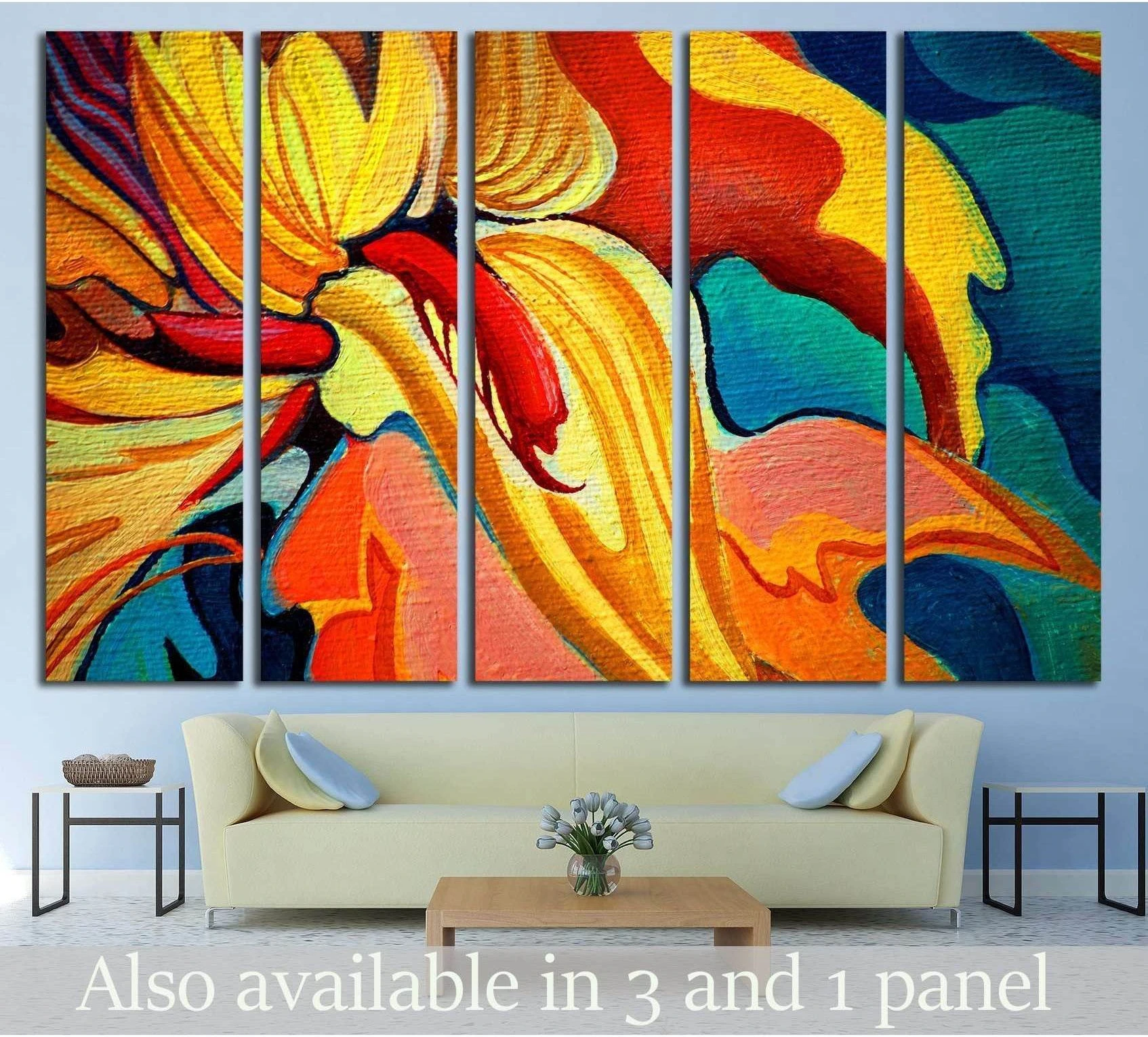 Colorful abstract floral canvas print with yellow petals and teal blue background above a sofa