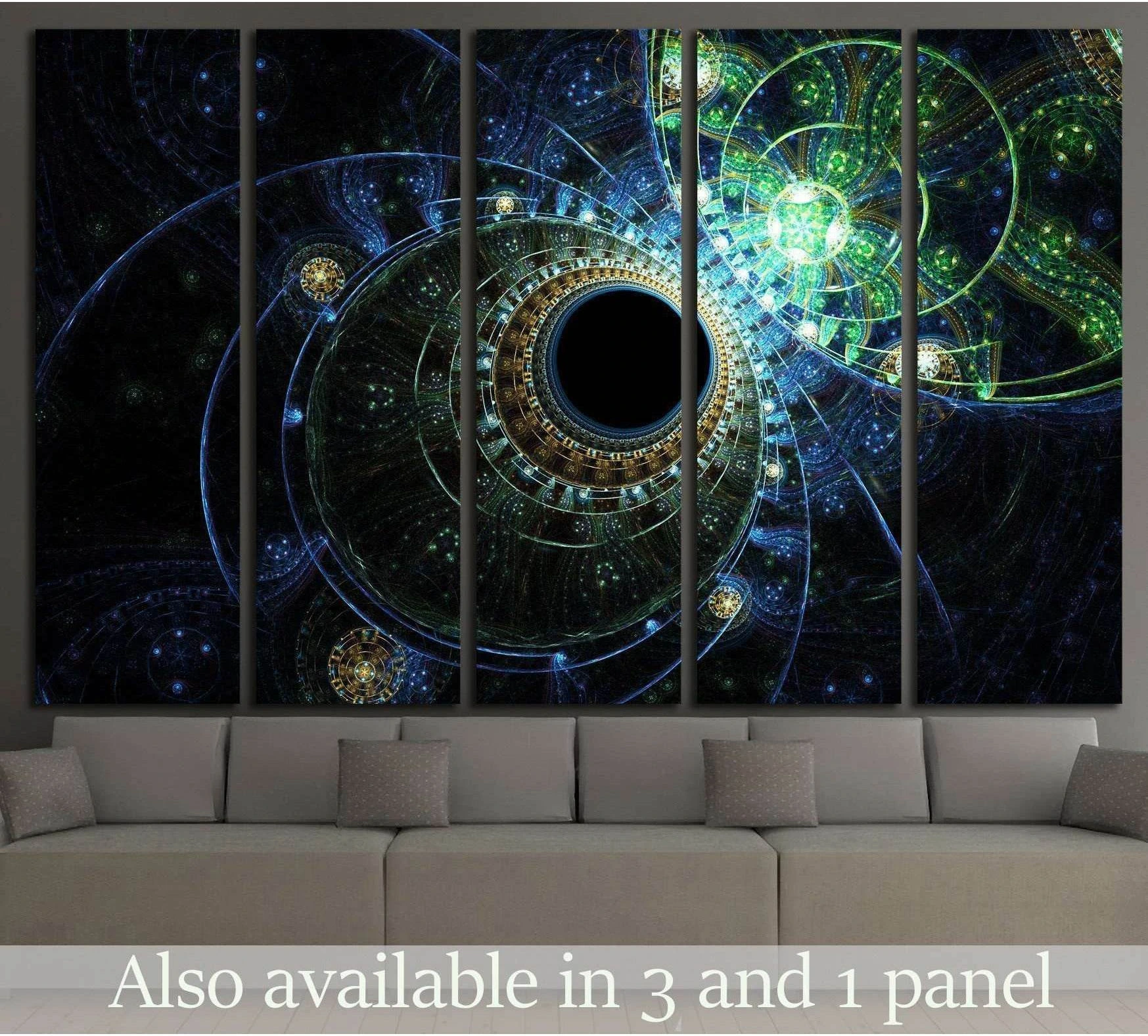 Blue and teal fractal spiral canvas print hung above a sofa in a modern living room