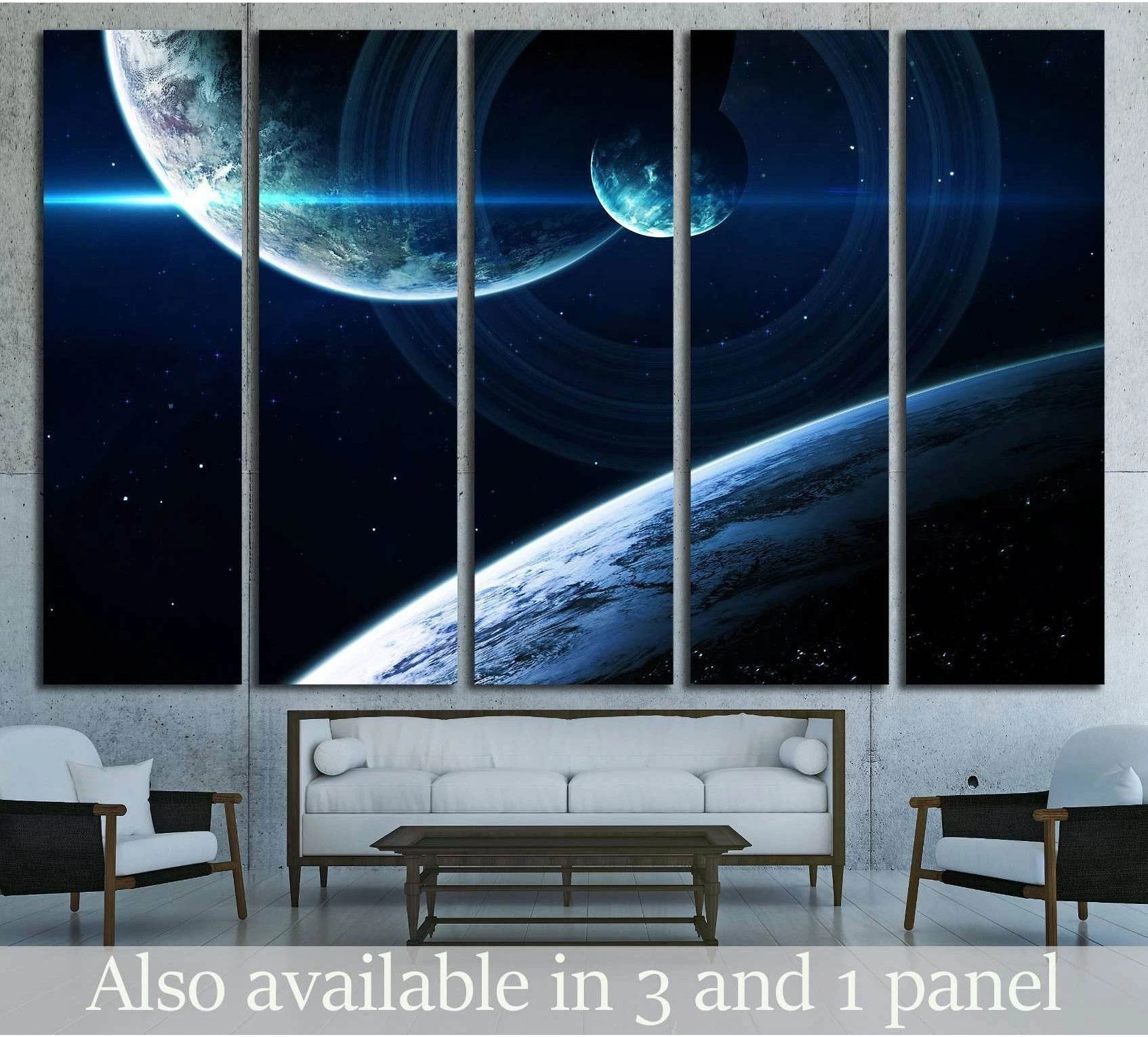 Blue planet deep space canvas print displayed above sofa in a modern living room