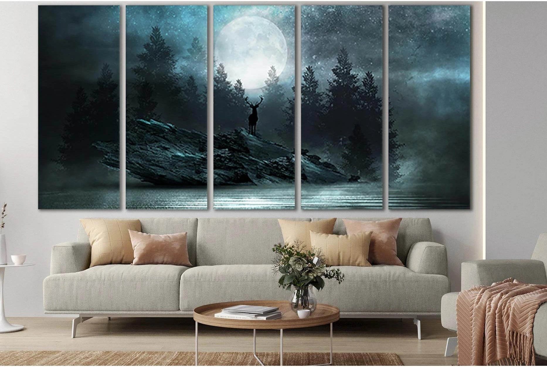 Deer On A Rock Under The Moon №SL1238 Ready to Hang Canvas Print - Zellart Canvas Prints 0new, ALL_Products, Fantasy And Sci Fi Wall Art