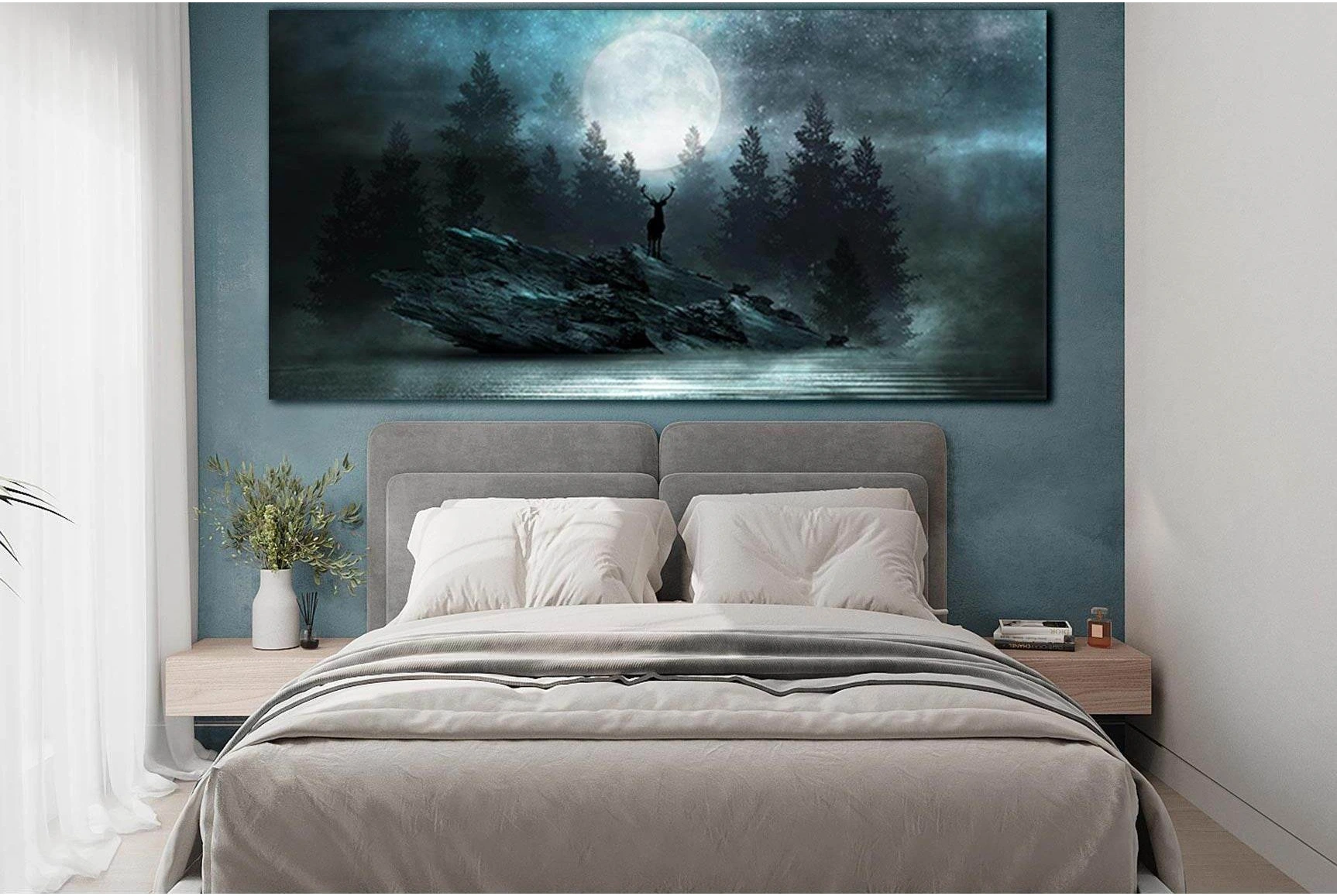 Deer On A Rock Under The Moon №SL1238 Ready to Hang Canvas Print - Zellart Canvas Prints 0new, ALL_Products, Fantasy And Sci Fi Wall Art